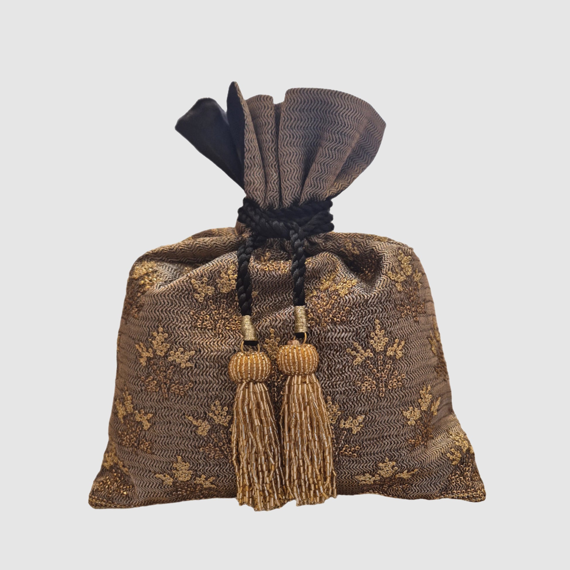 Brocade Herringbone Phool Patti Design Embroidery Black Potli