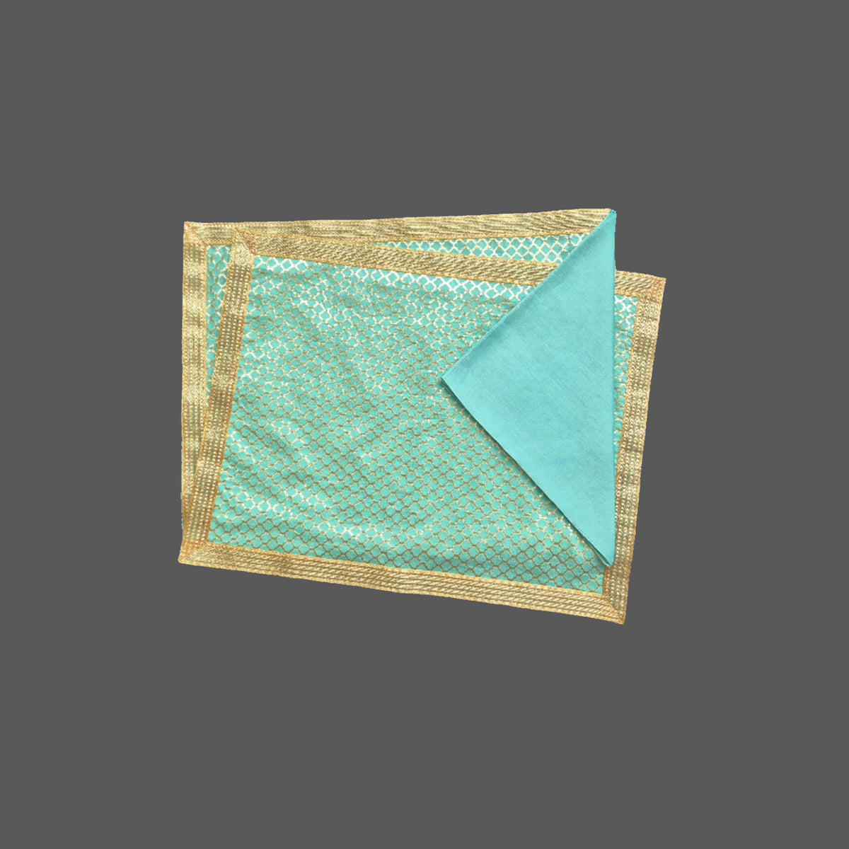 Aqua Chanderi Woven Table Mat With Lace