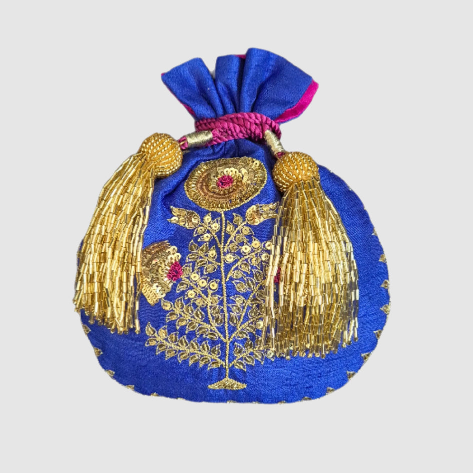 Dupion Silk Dhaliya Flower Big Buta Embroidery  Potli - Blue