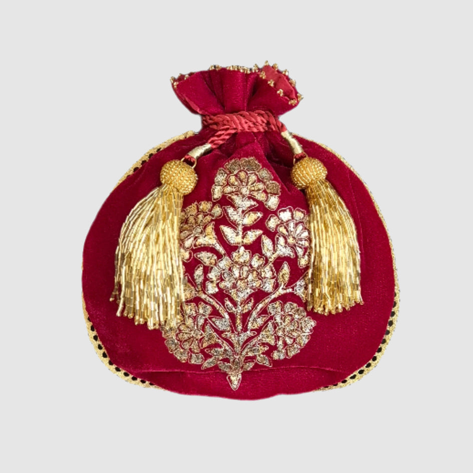 Velvet Matka Shape Foil Print With Dori Embroidery Gulbahar Buta Potli - Maroon