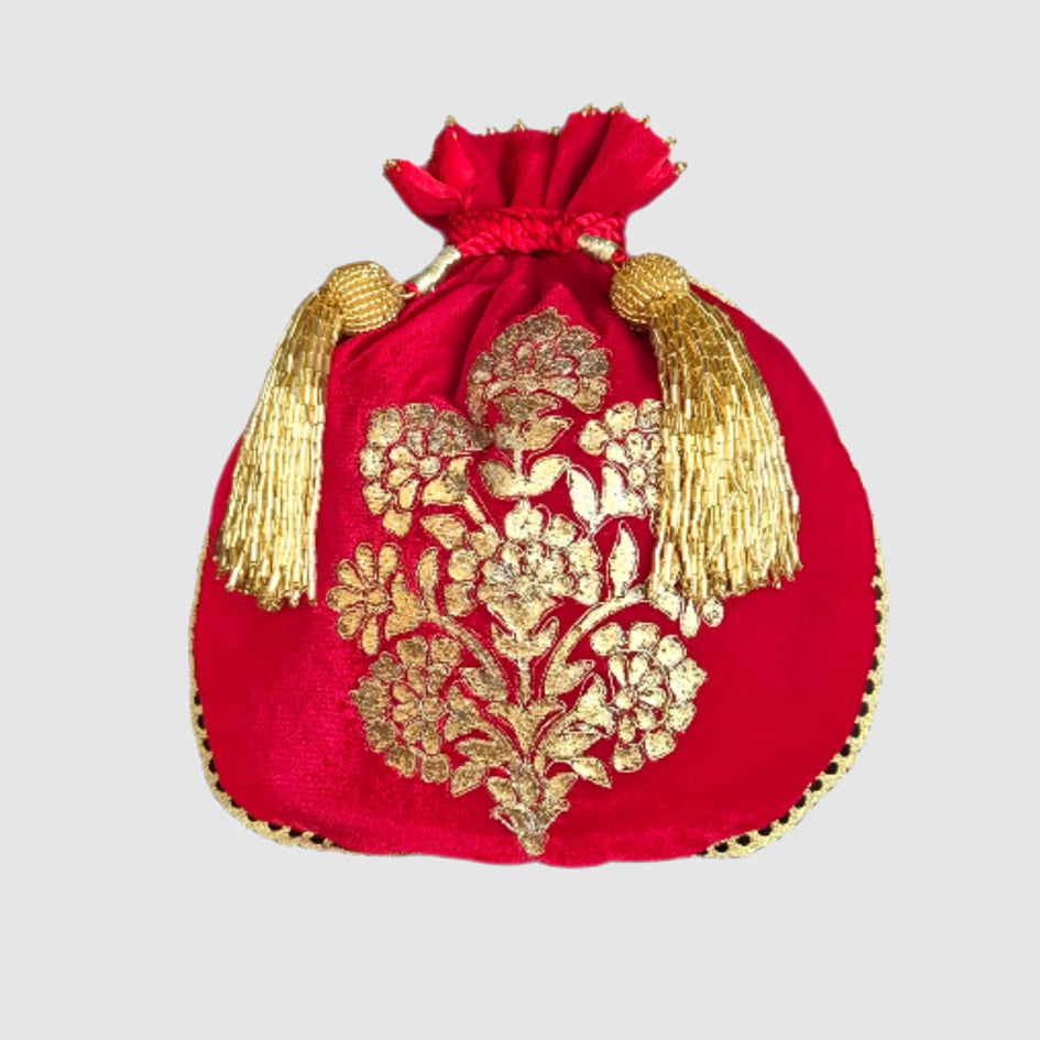 Velvet Matka Shape Foil Print With Dori Embroidery Gulbahar Buta Potli - Red