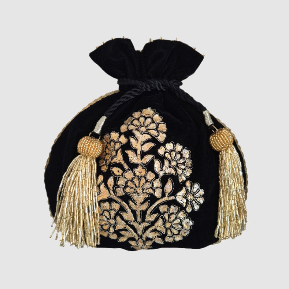 Velvet Matka Shape Foil Print With Dori Embroidery Gulbahar Buta Potli - Black