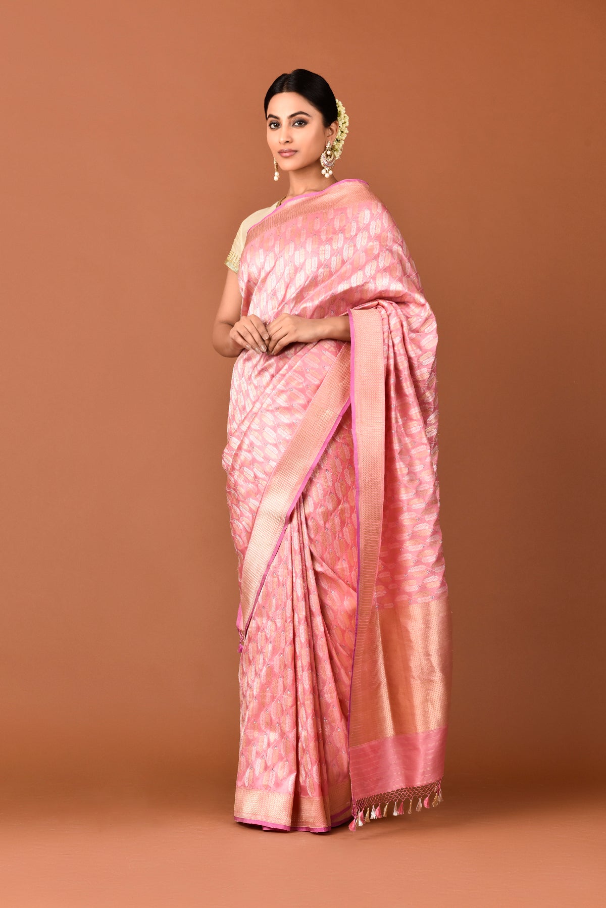 Banarasi Silk Silver and Gold Double Leaf Motif Pink Saree