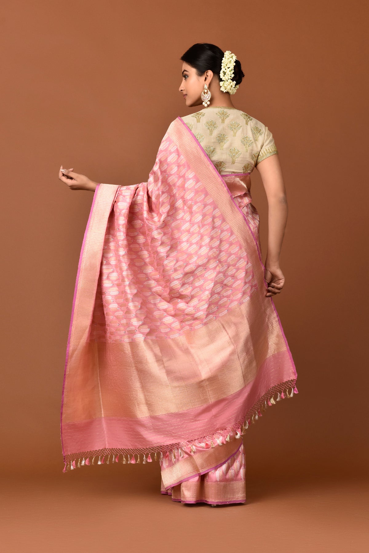 Banarasi Silk Silver and Gold Double Leaf Motif Pink Saree