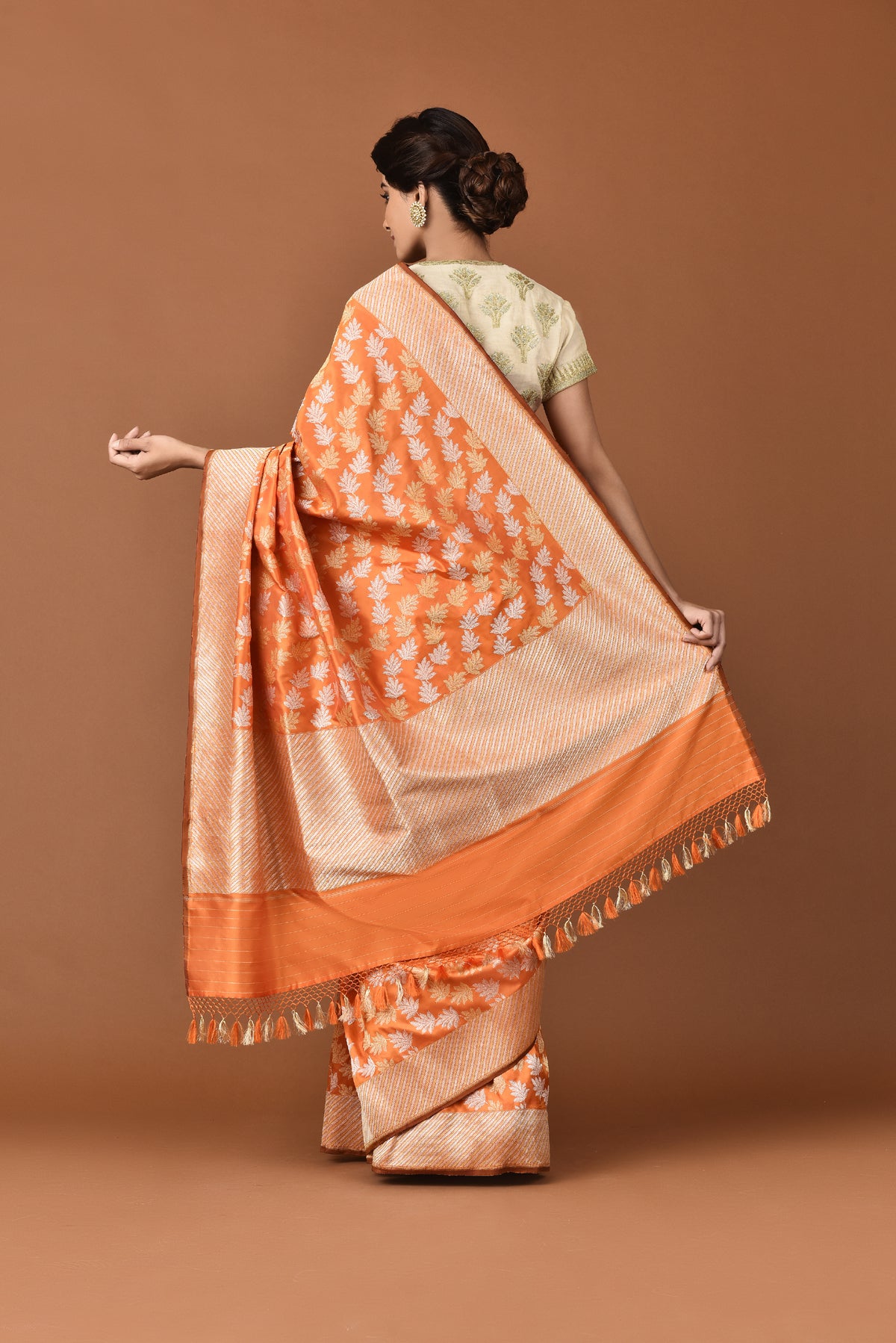 Banarasi Katan Silk Garland Fern Design Orange Saree