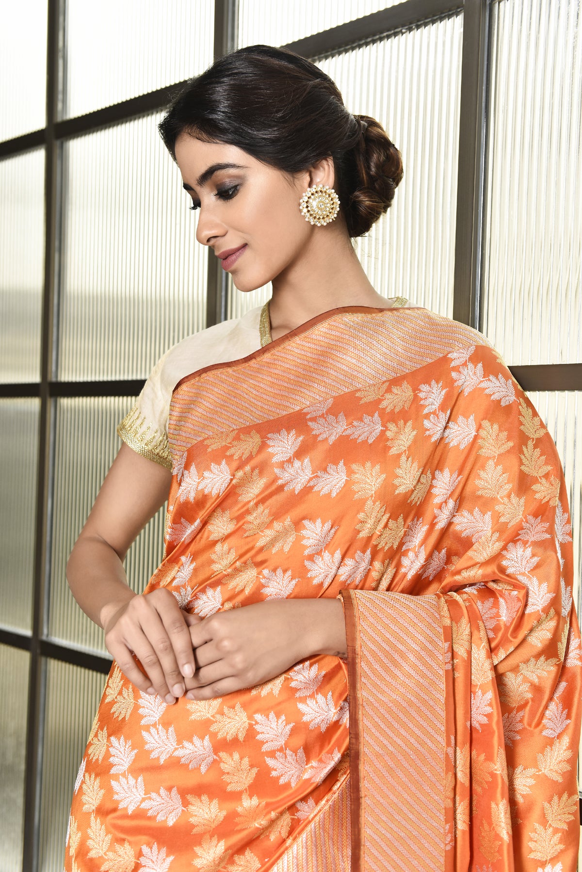 Banarasi Katan Silk Garland Fern Design Orange Saree