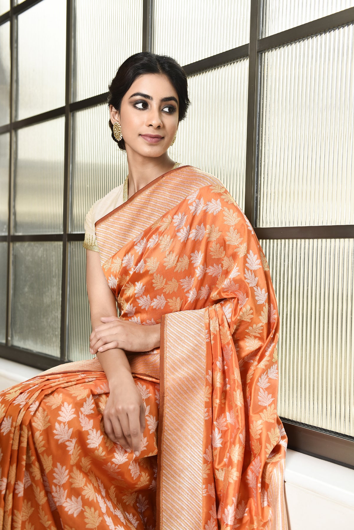 Banarasi Katan Silk Garland Fern Design Orange Saree