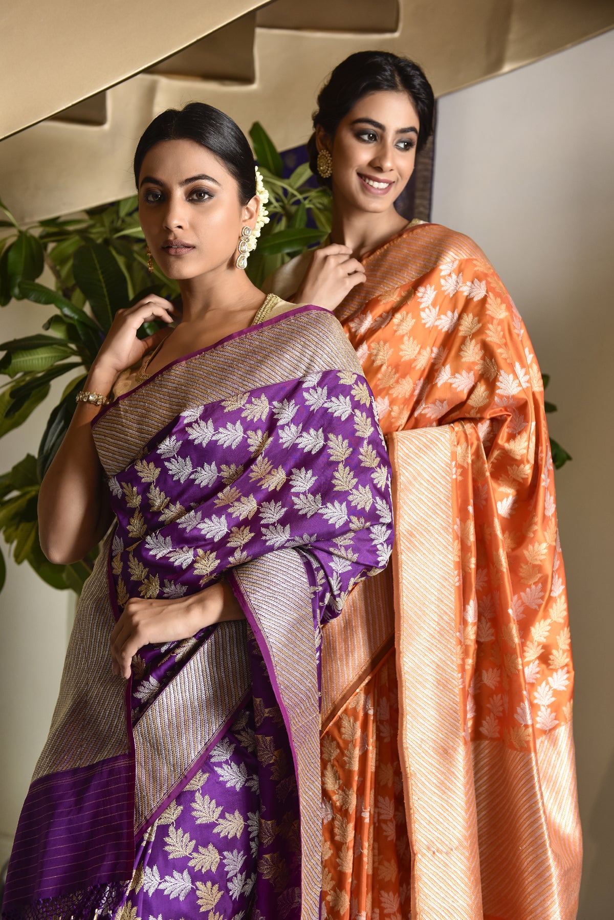 Banarasi Katan Silk Garland Fern Design Orange Saree