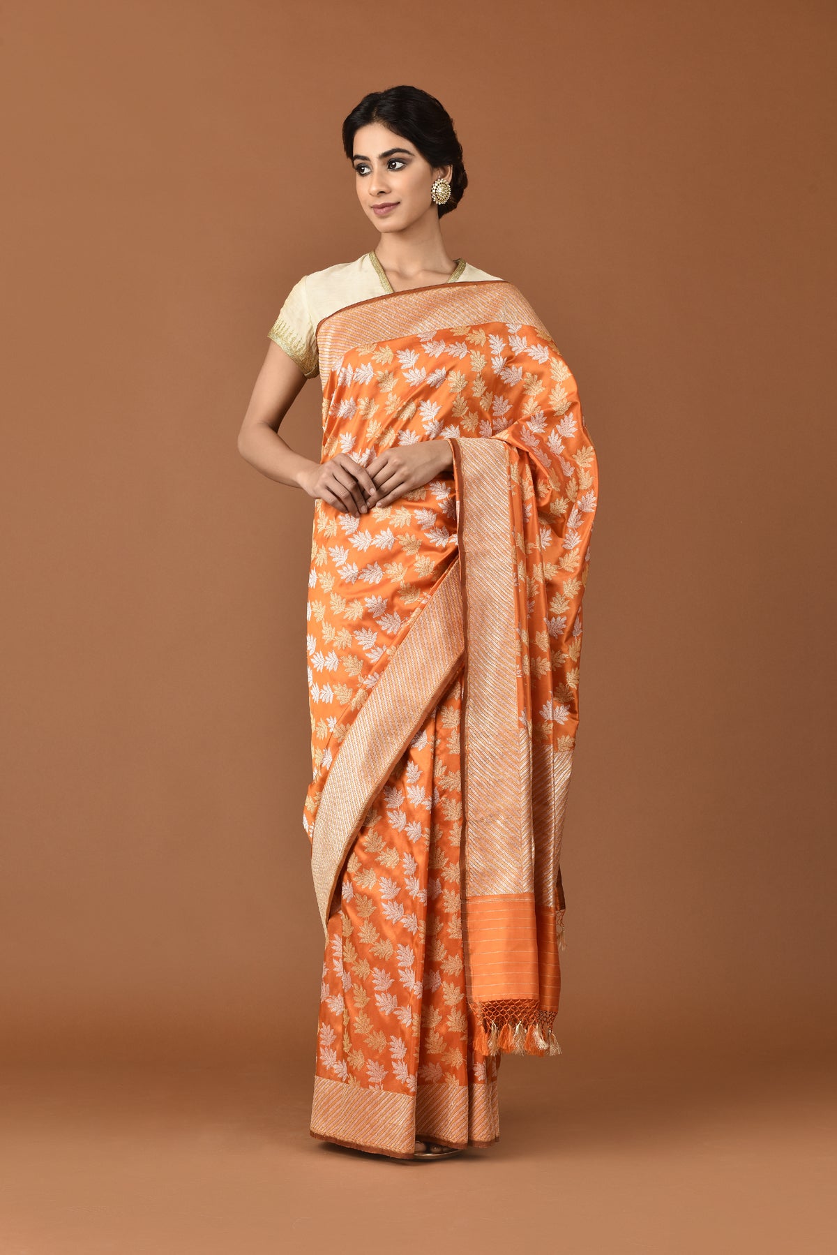 Banarasi Katan Silk Garland Fern Design Orange Saree