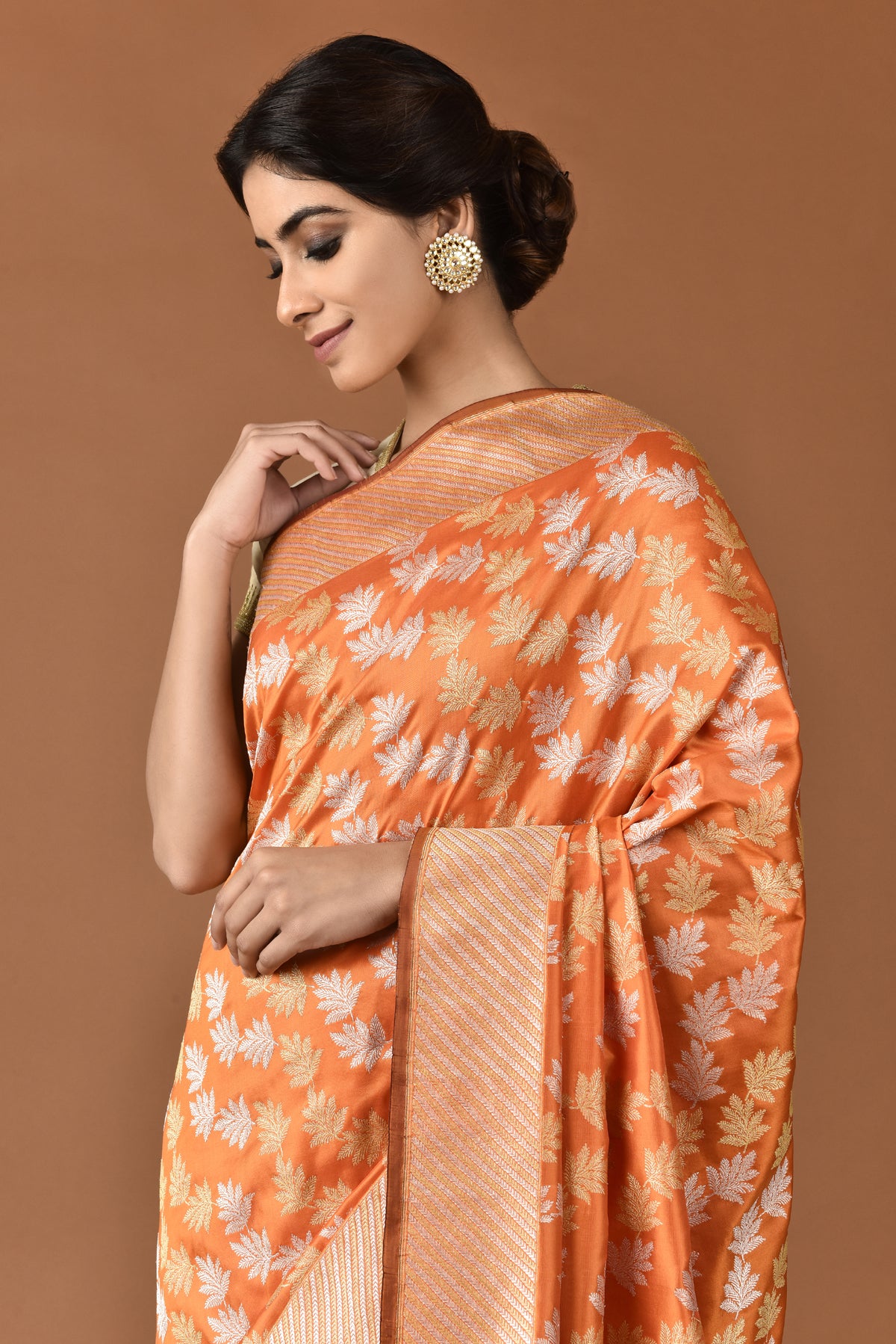 Banarasi Katan Silk Garland Fern Design Orange Saree