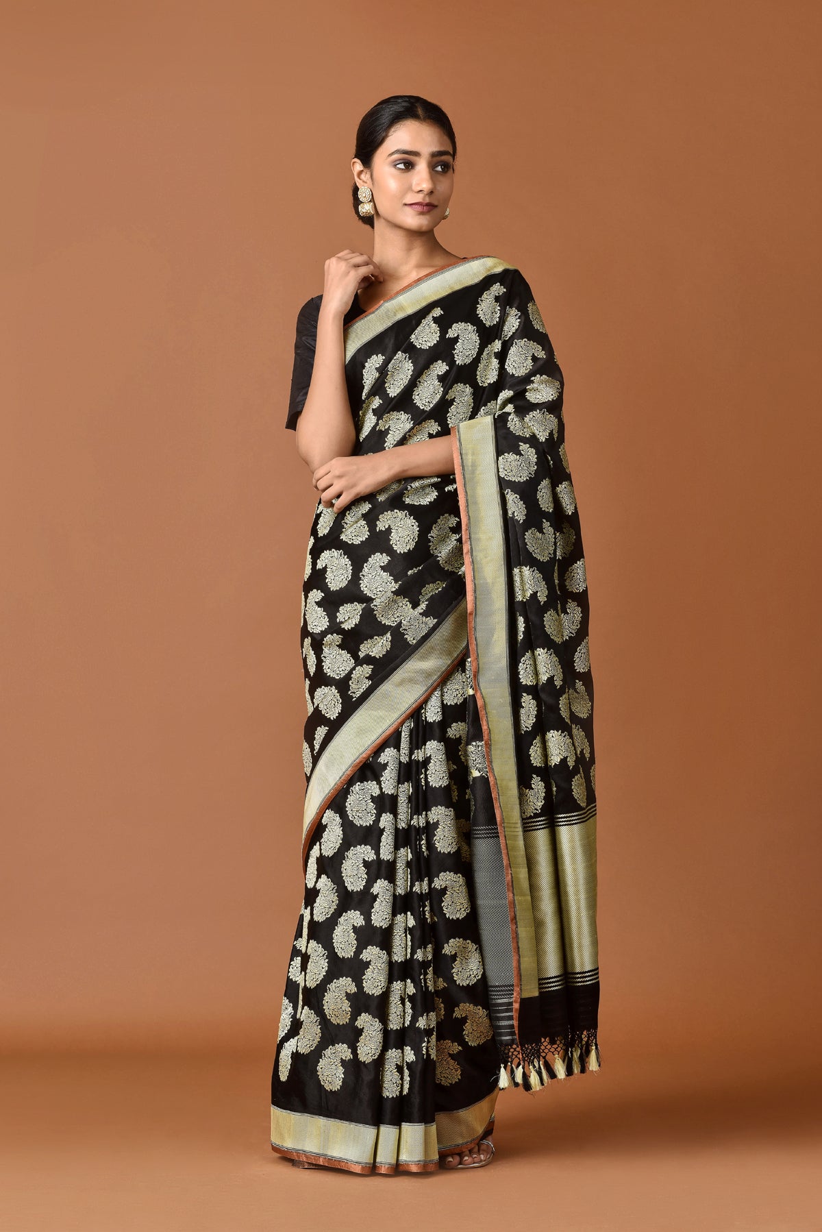 Banarasi Satin Paisley Buti Embroidery Black Saree