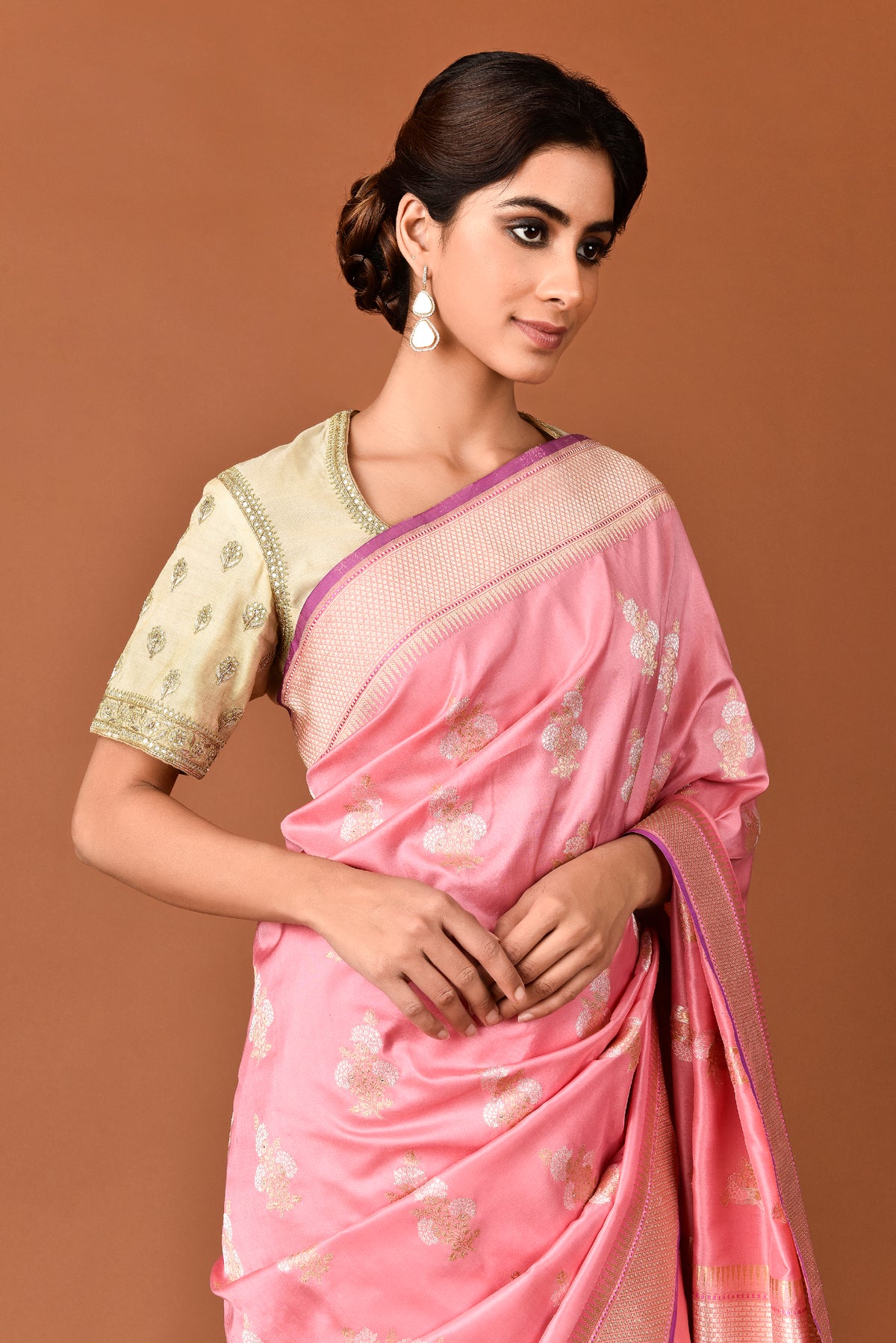 Banarasi Silk Three Flower Buta Silver and Gold Pink Saree