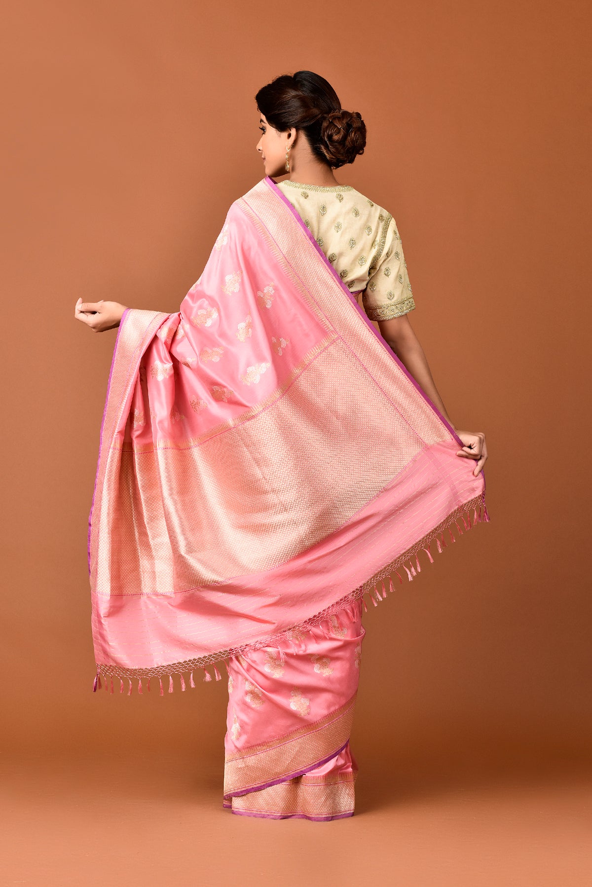 Banarasi Silk Three Flower Buta Silver and Gold Pink Saree