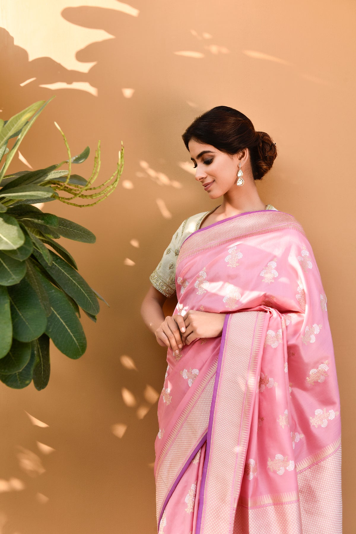 Banarasi Silk Three Flower Buta Silver and Gold Pink Saree