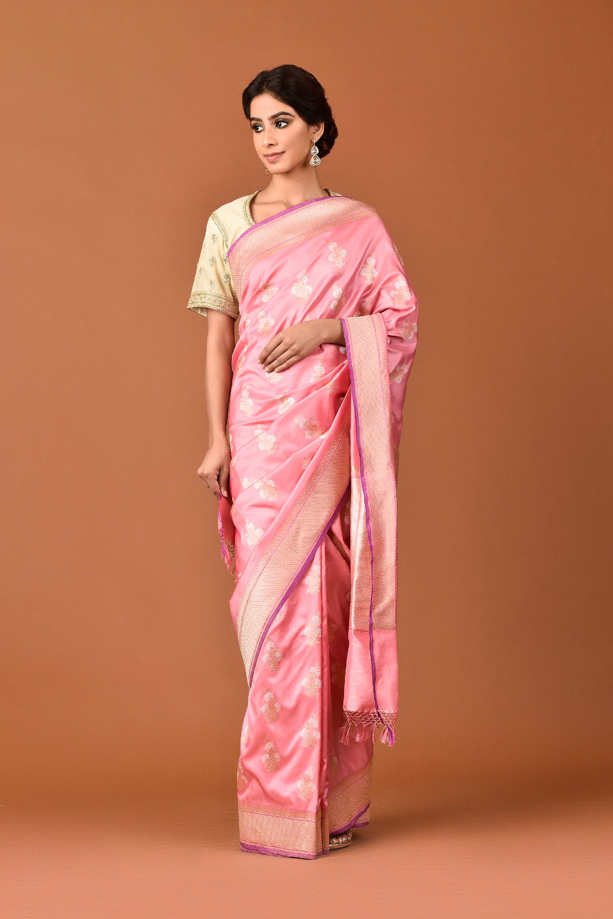 Banarasi Silk Three Flower Buta Silver and Gold Pink Saree