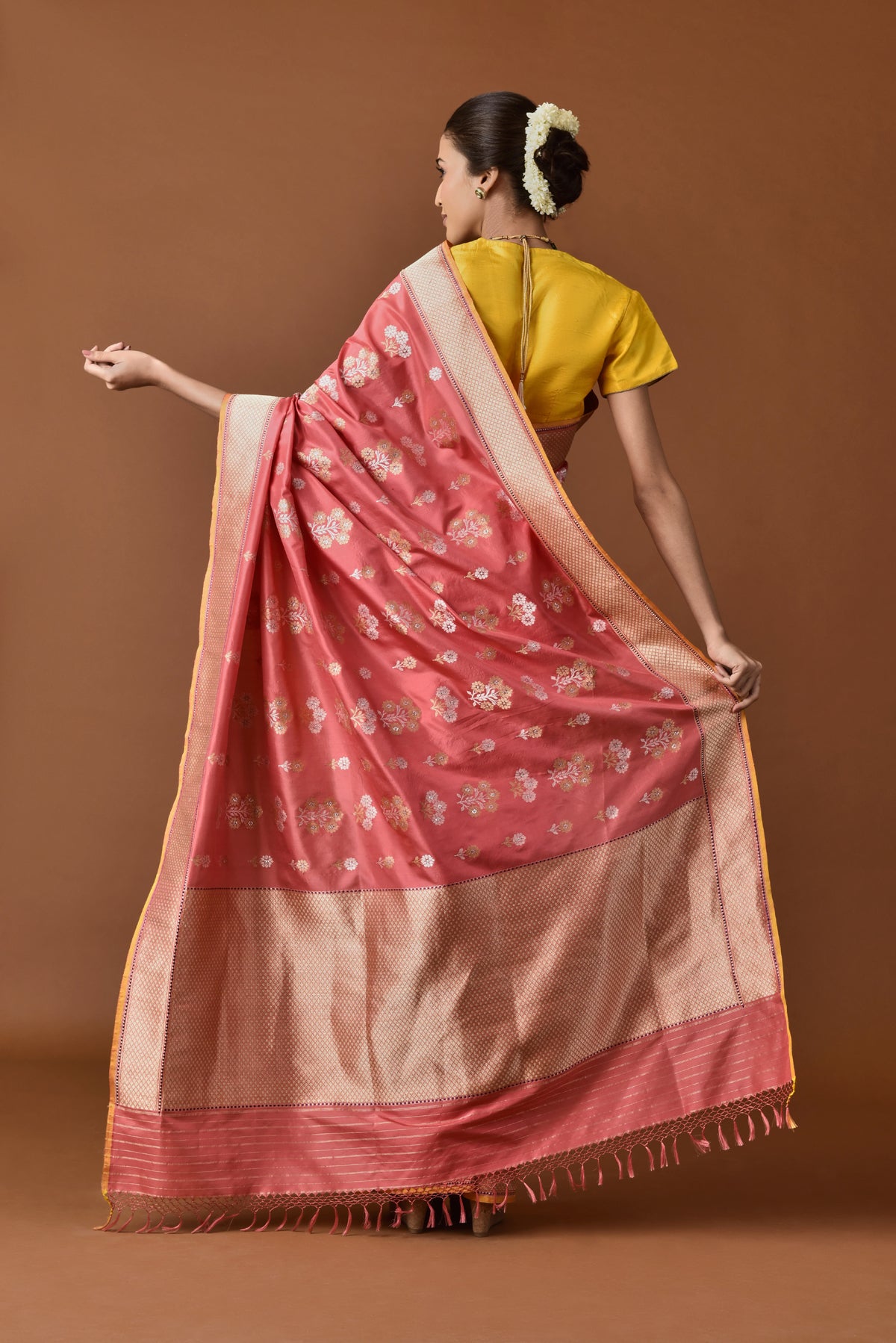 Banarasi Silk Phool Bahar Buta Coral Saree