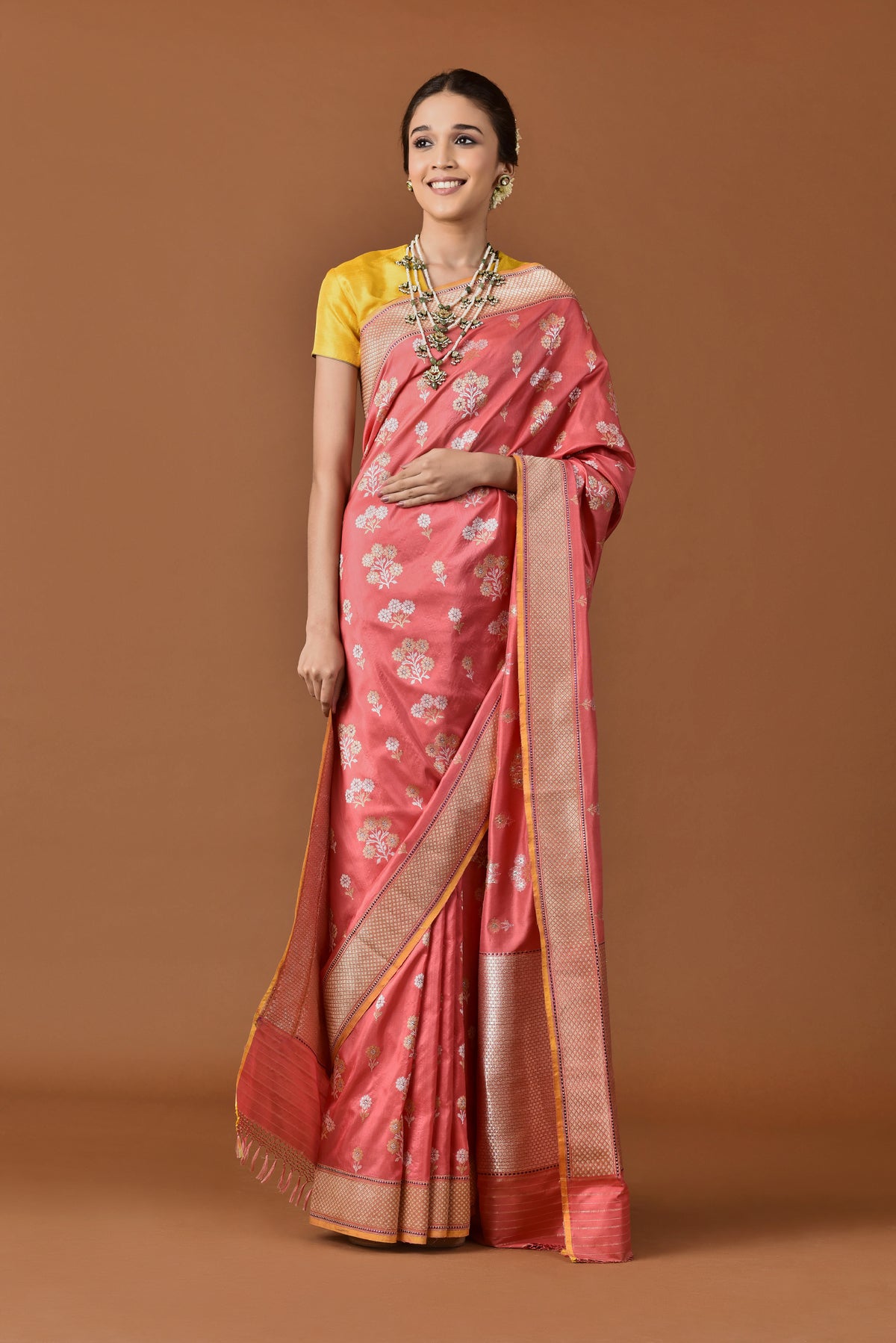 Banarasi Silk Phool Bahar Buta Coral Saree