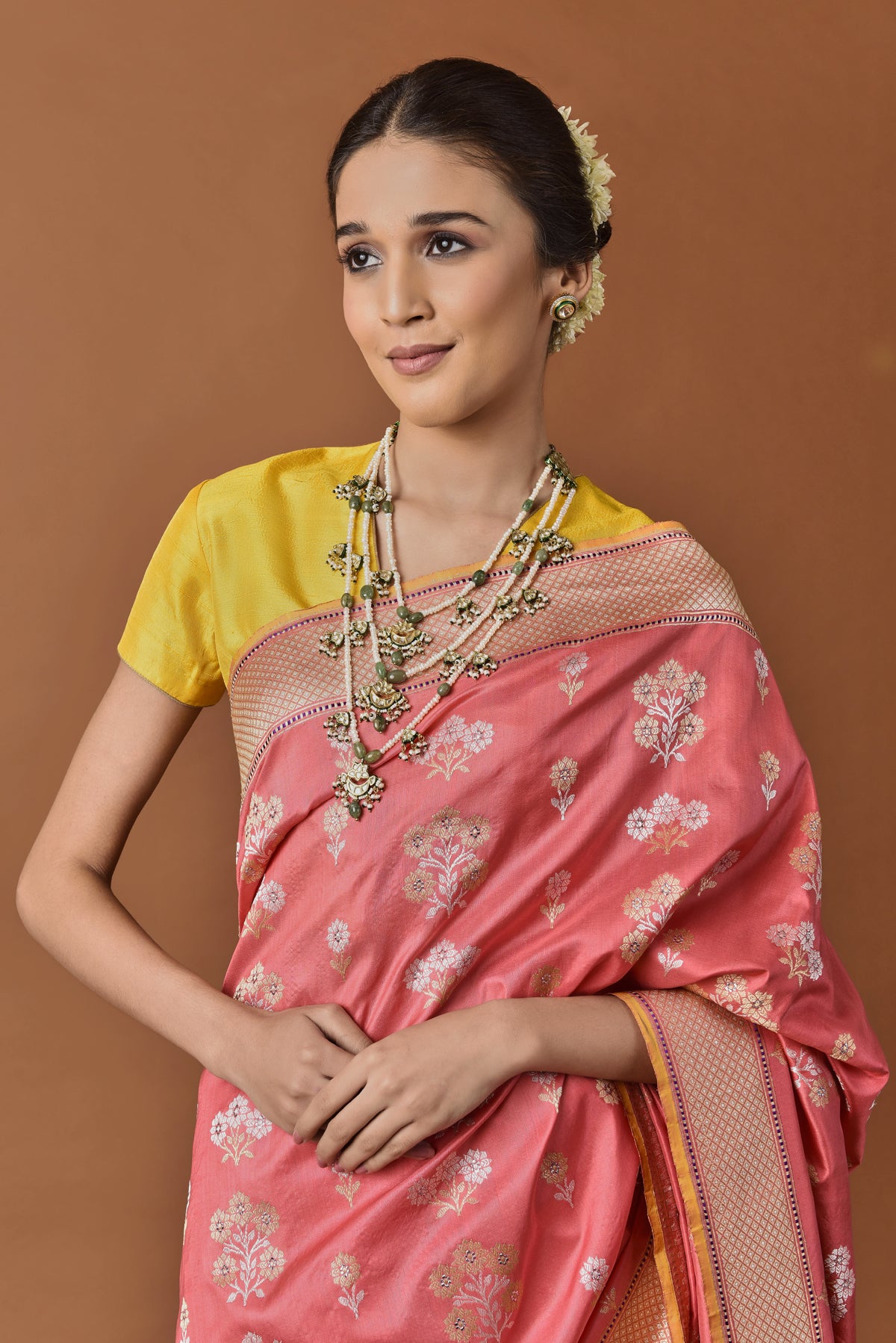 Banarasi Silk Phool Bahar Buta Coral Saree