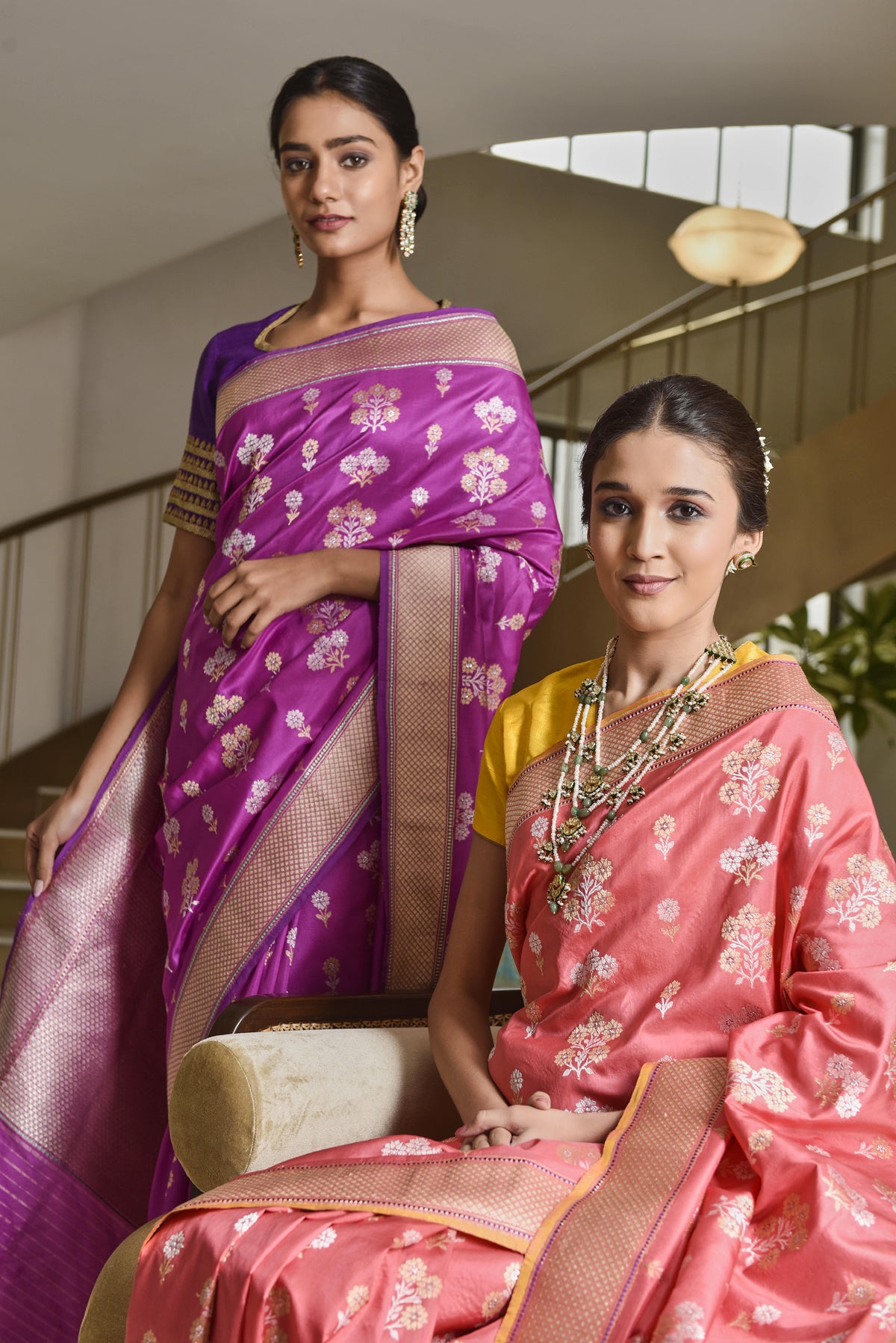 Banarasi Silk Phool Bahar Buta Coral Saree