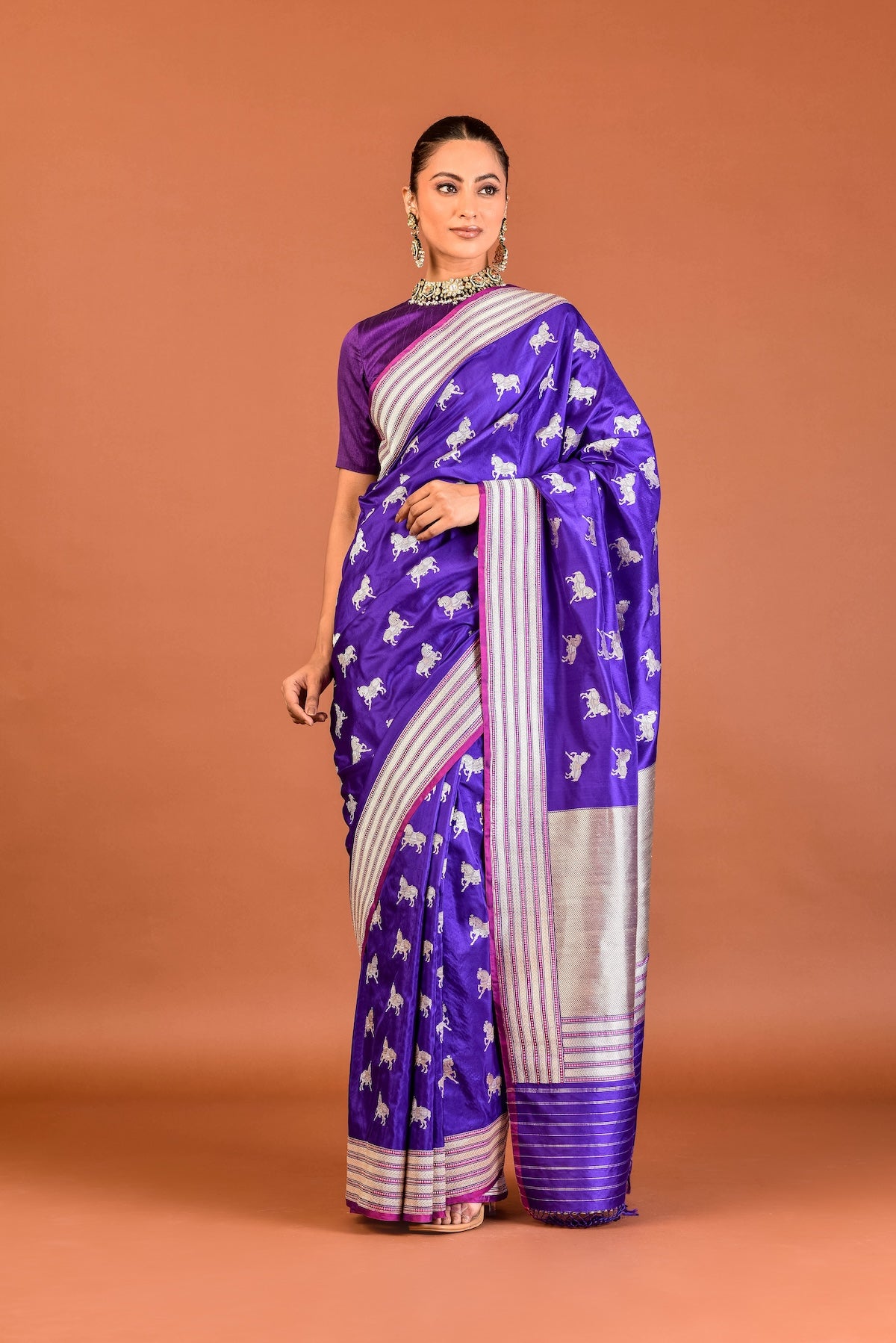 Banaras Katan Silk Chetak Silver Gold Saree – Purple