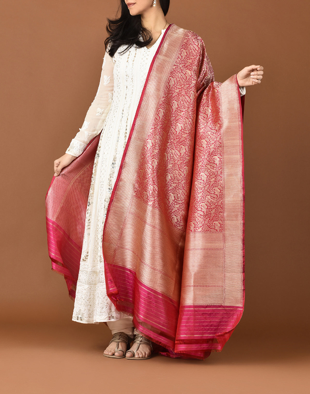 Banarasi Silk Dupatta Peacock Jaal Rani Pink Dupatta