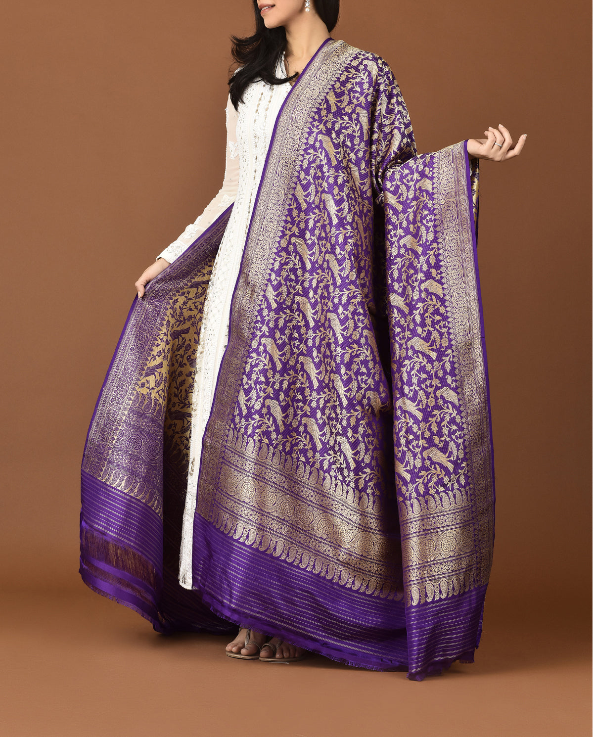 Banarasi Silk Dupatta Allover Big Parrot Jaal Purple Dupatta