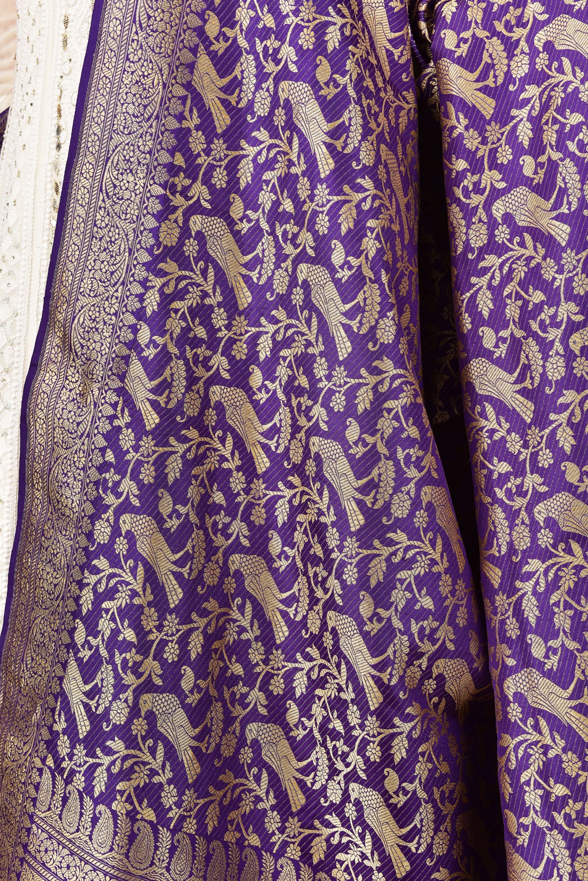 Banarasi Silk Dupatta Allover Big Parrot Jaal Purple Dupatta