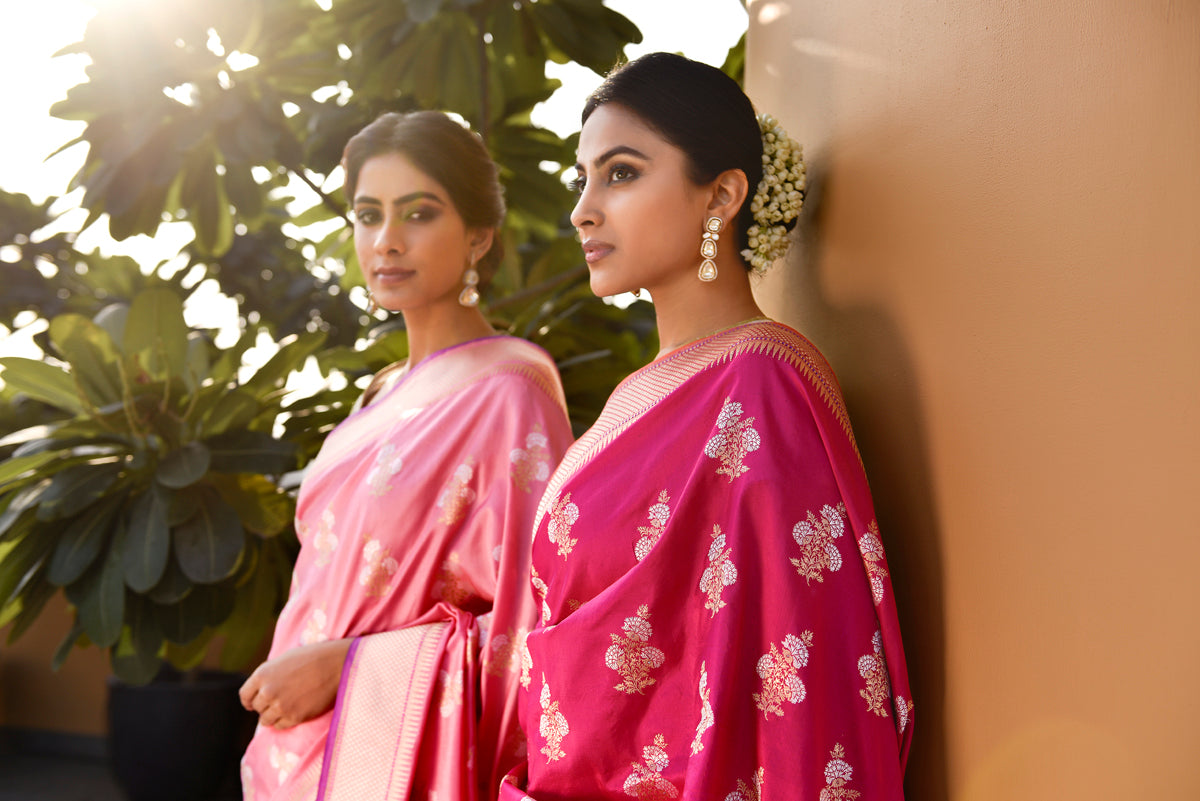 Banarasi Silk Three Flower Buta Silver and Gold Pink Saree