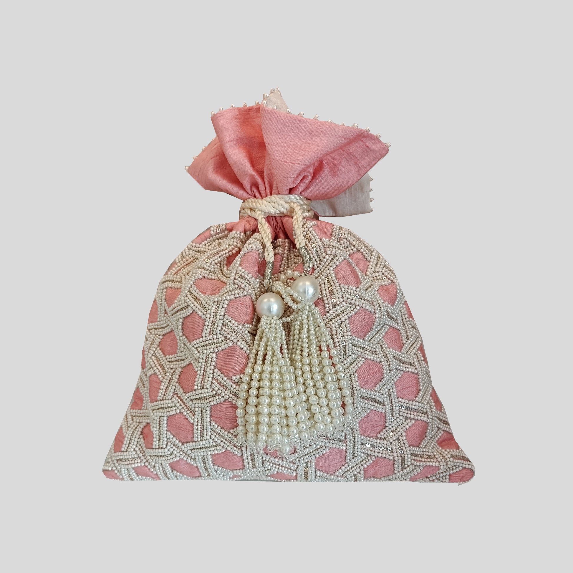 Dupion Silk knotted Pearl Embroidery Potli - Peach