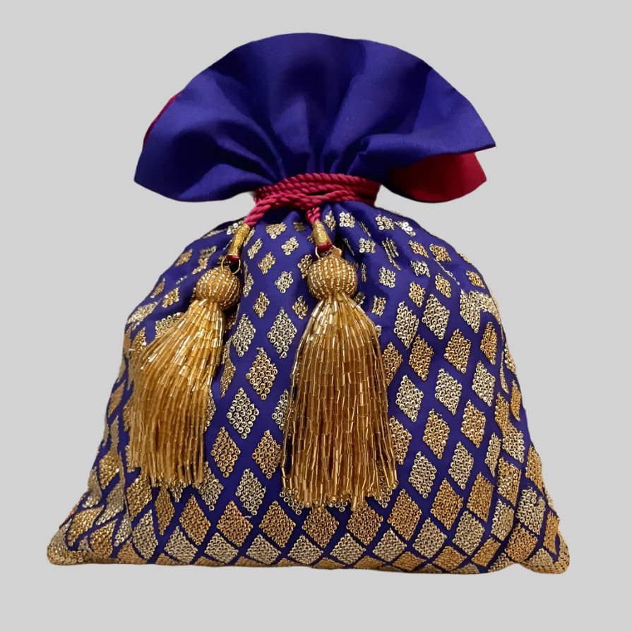 Dupion Silk Graded Diamond Embroidery Potli - Navy Blue