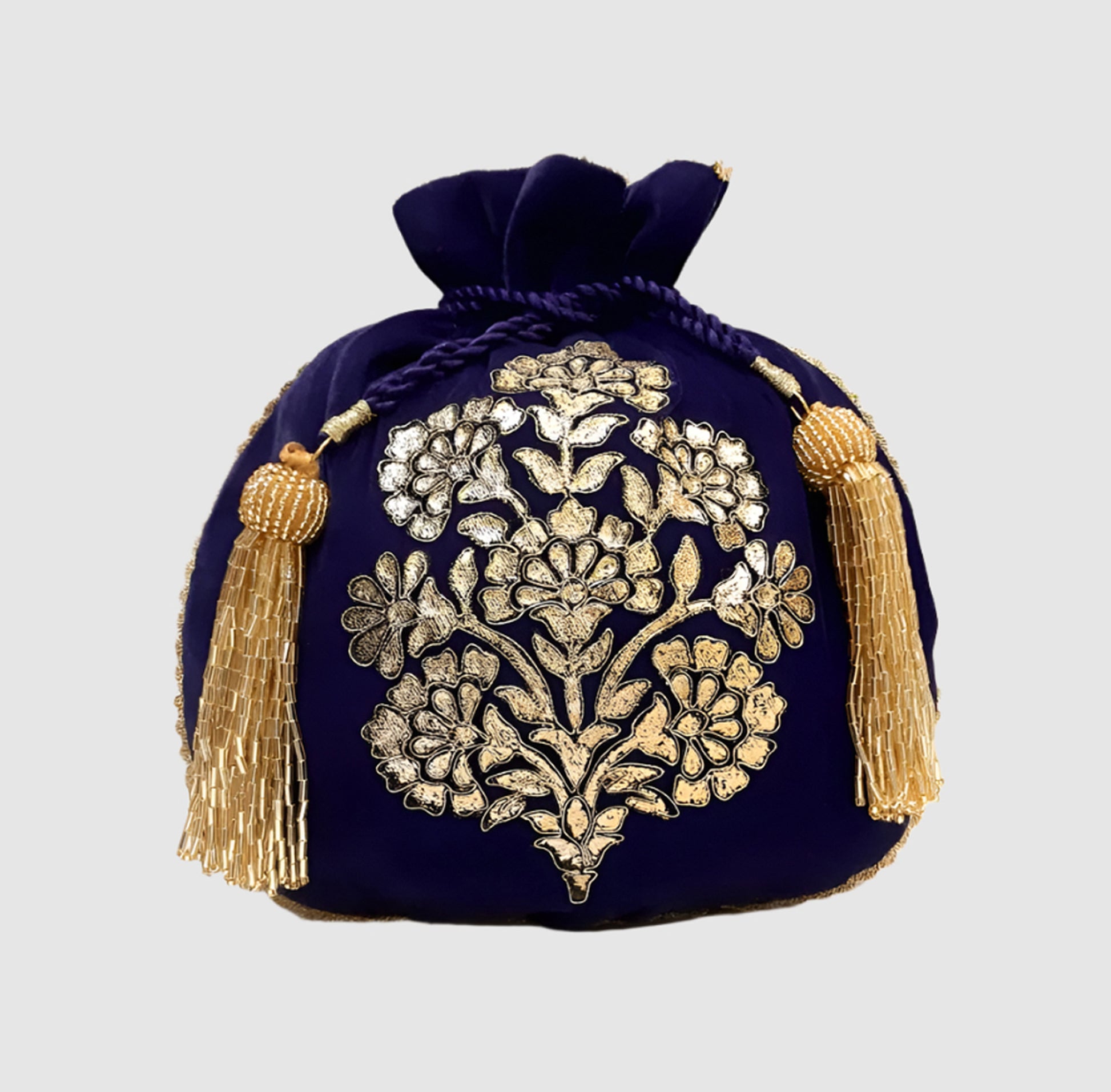 Velvet Matka Shape Foil Print With Dori Embroidery Gulbahar Buta Potli - Blue