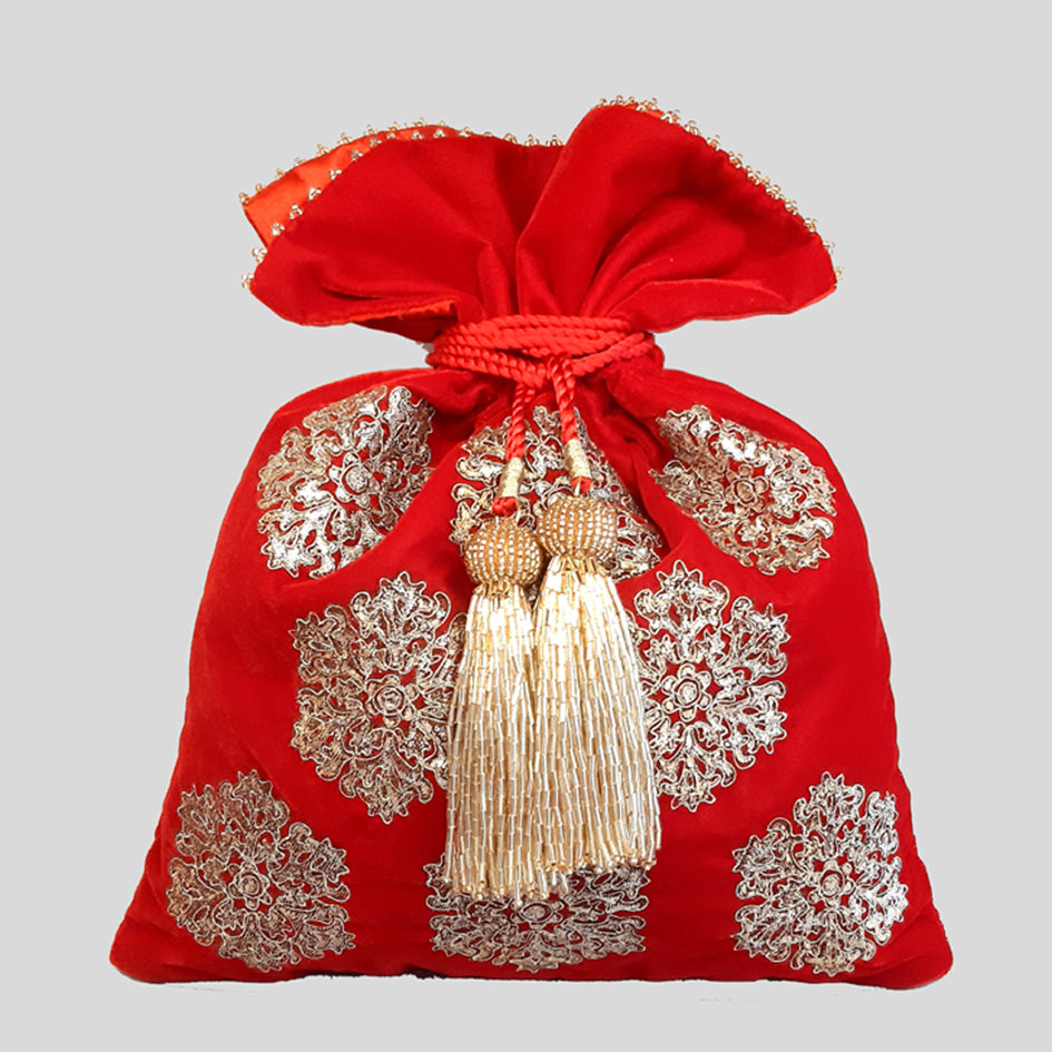 Velvet Potli With Dori Embroidery Foil Print Hexagon Buta Red Potli