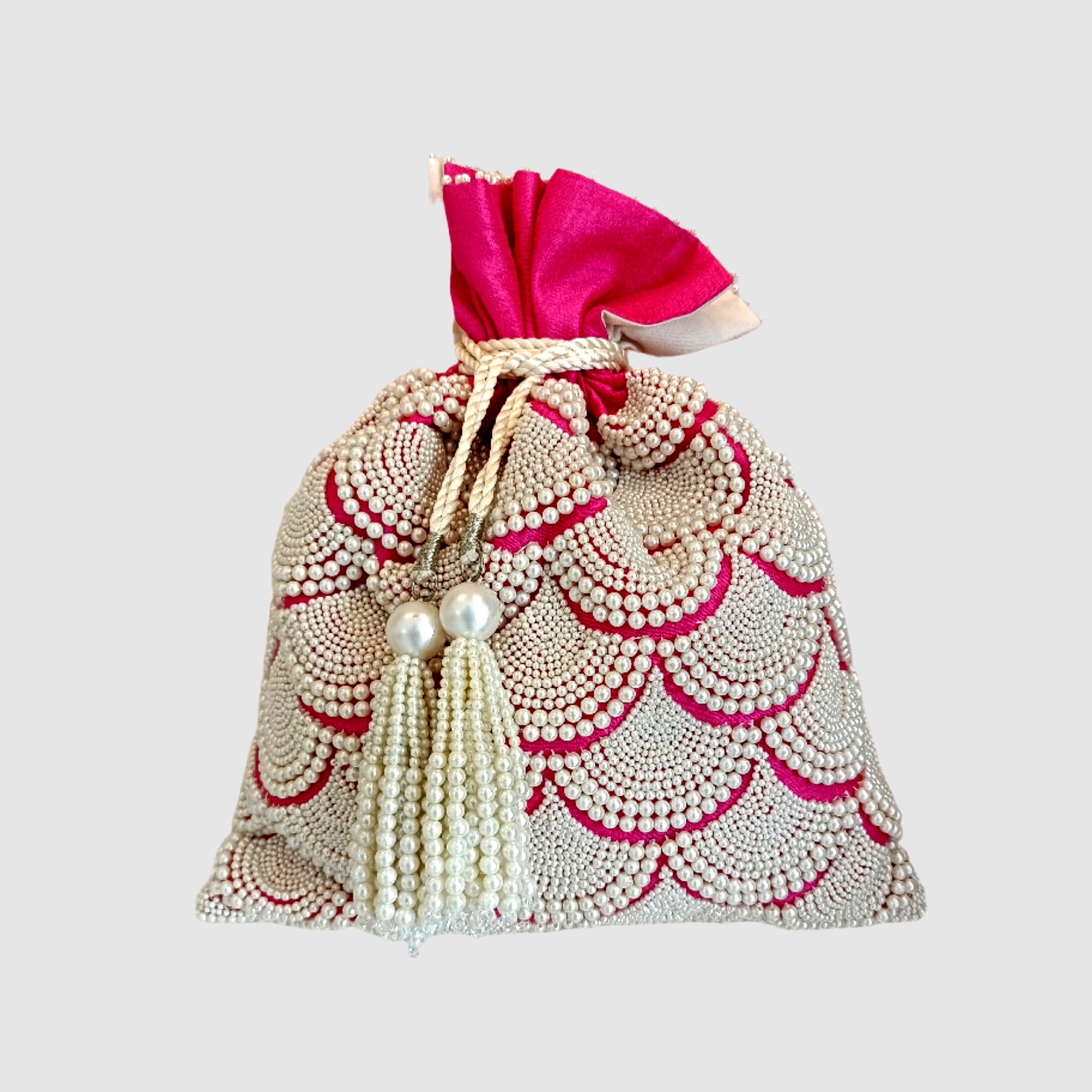 Dupion Silk Pankha Jaal Emboirdery Potli - Rani Pink