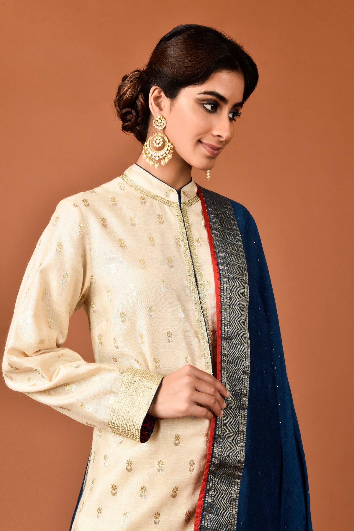 Muga Silk Zari Buti With Sequins Embroidery Sherwani Style With Palazzo & Dupatta Outfit