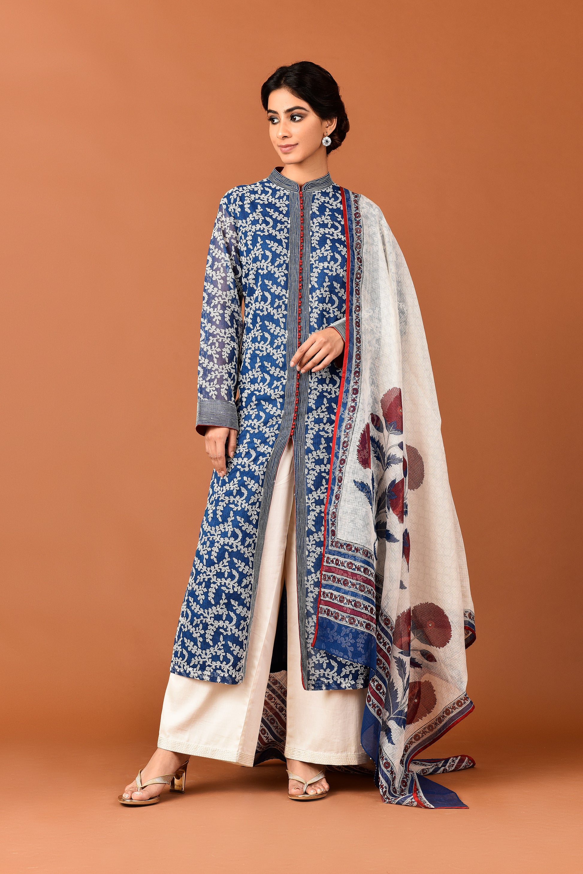 Banarasi Kota Gadh Print Leaf Jaal With Dori Embroidery With Palazzo & Dupatta Outfit - Indigo