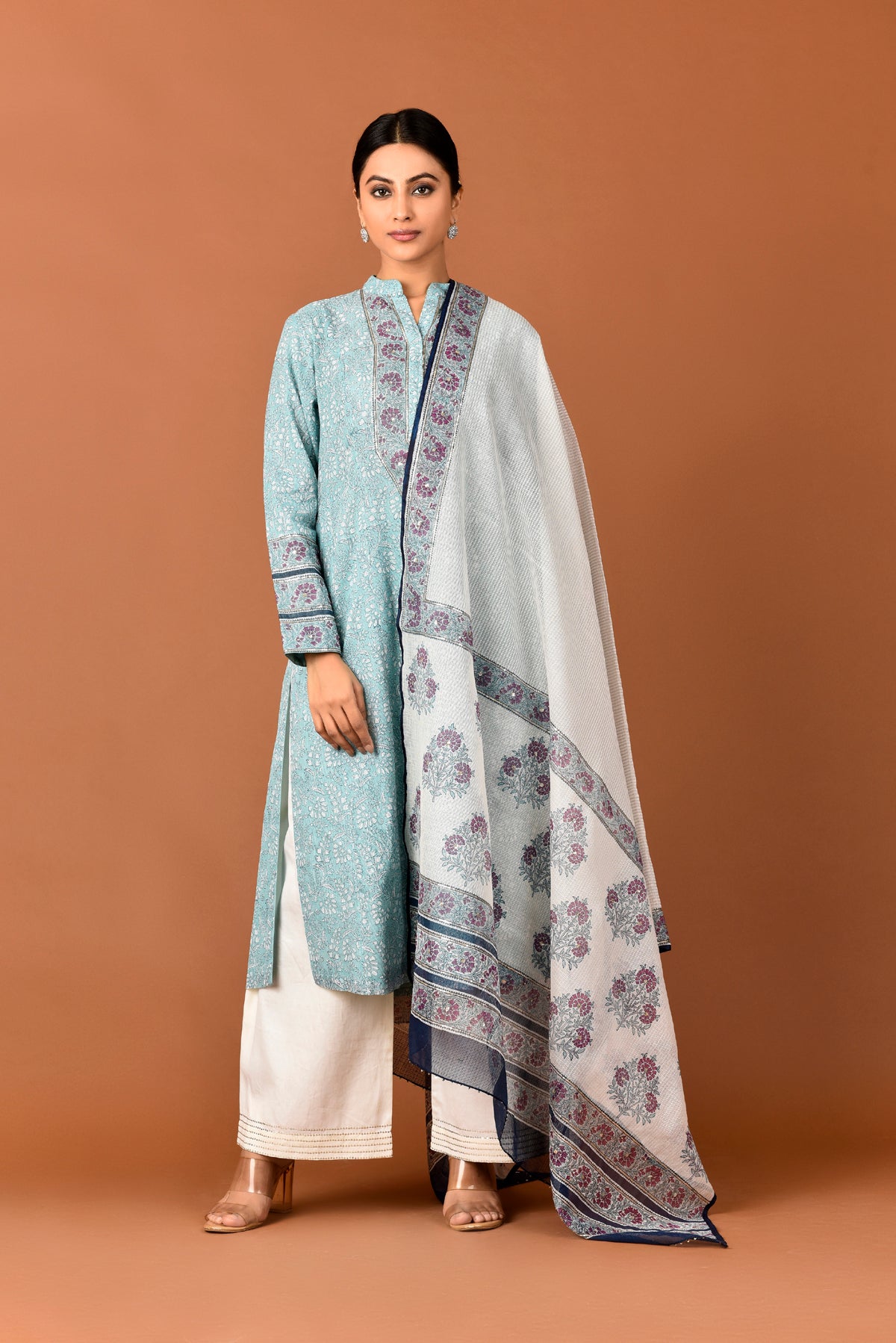 Banarasi Kota Tunic Rajnigandha Gadh Print With Sequins Highlighting With Palazzo And Dupatta Outfit