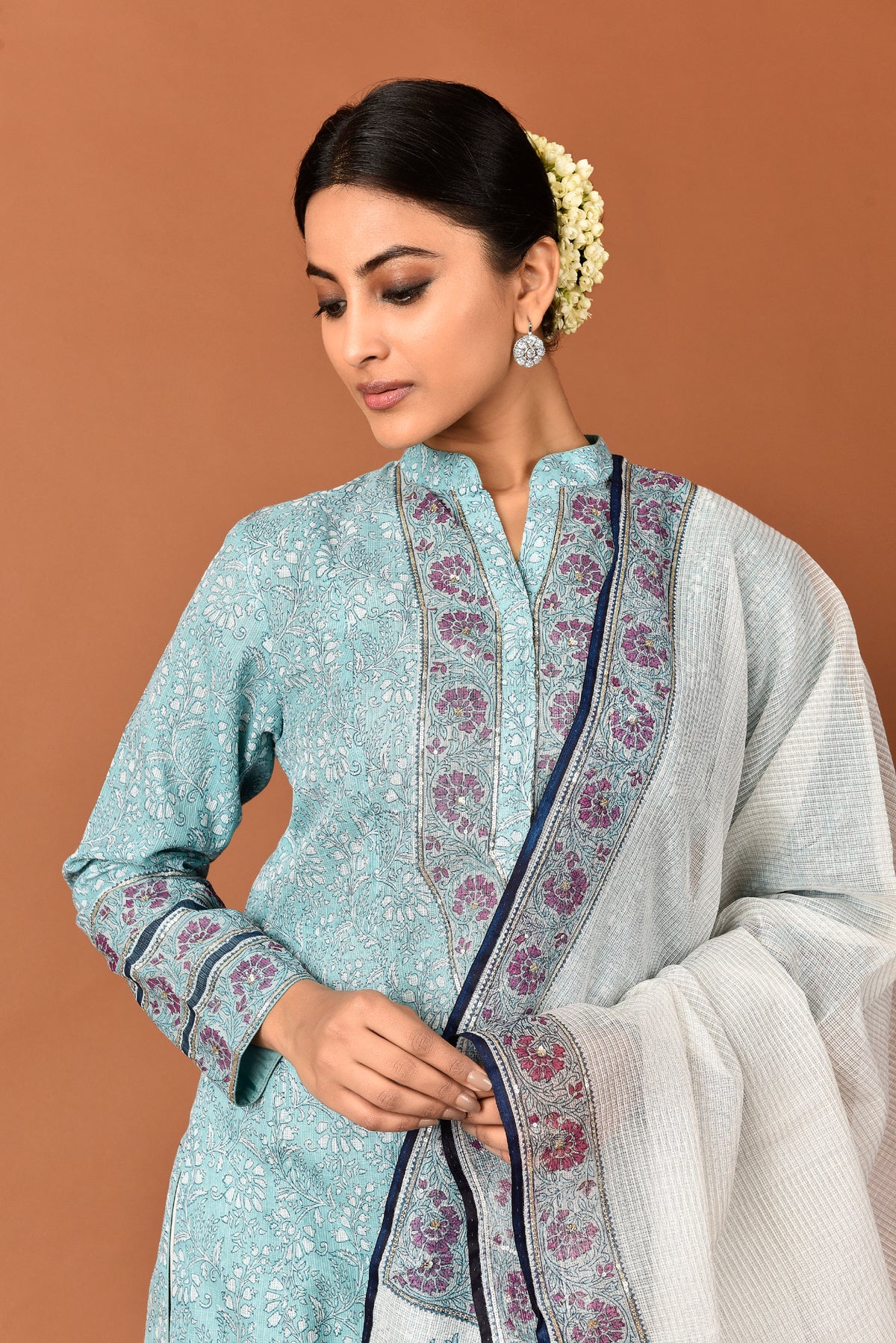 Banarasi Kota Tunic Rajnigandha Gadh Print With Sequins Highlighting With Palazzo And Dupatta Outfit