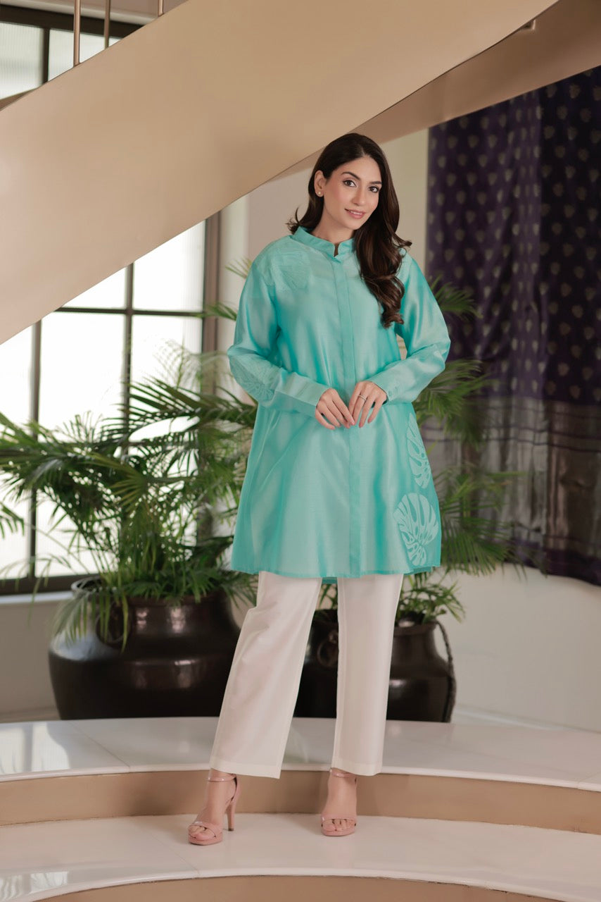 Chanderi Tropical Leaf Applique Embroidery Shirt With Cotton Silk Trouser Co-ord Set