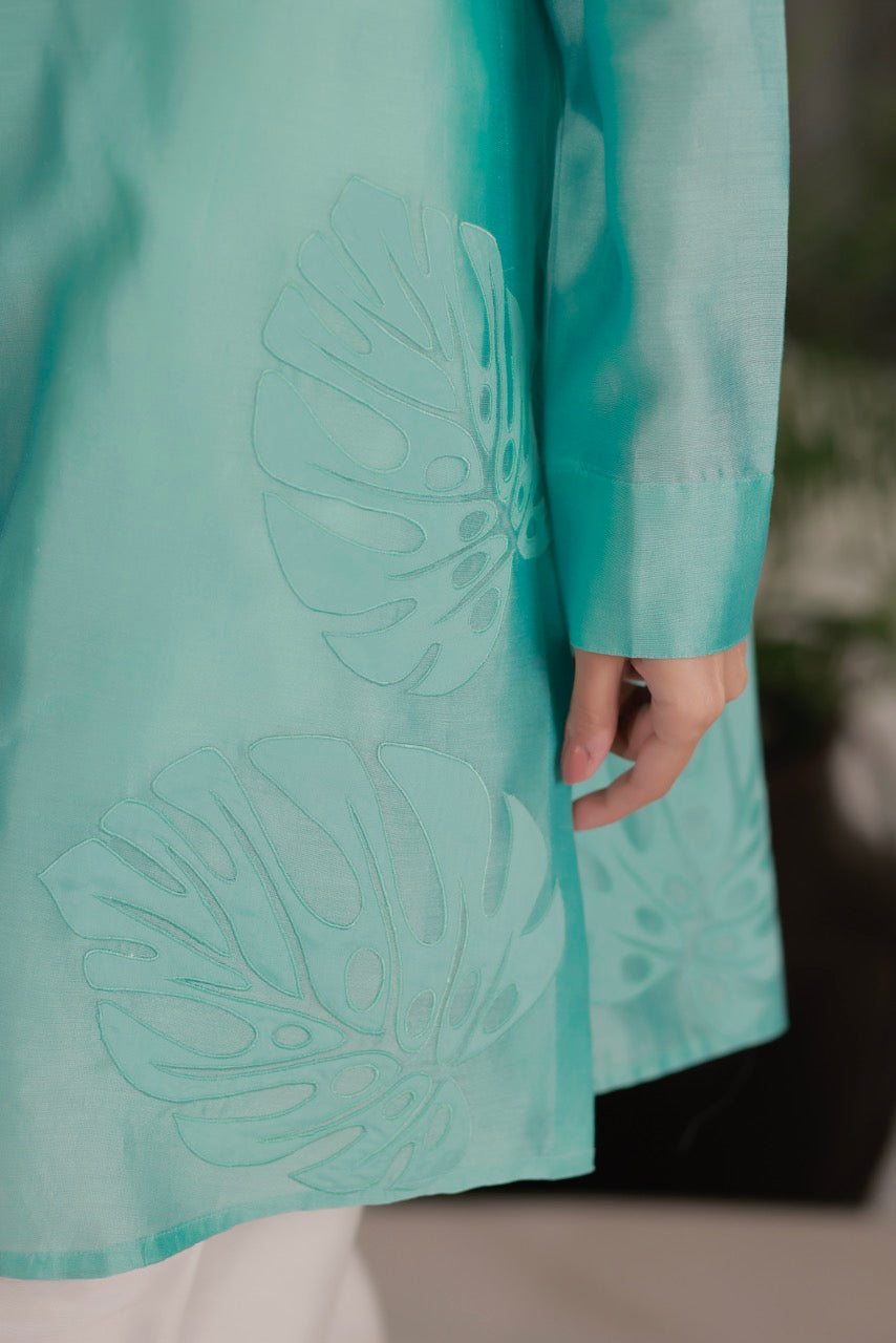 Chanderi Tropical Leaf Applique Embroidery Shirt With Cotton Silk Trouser Co-ord Set