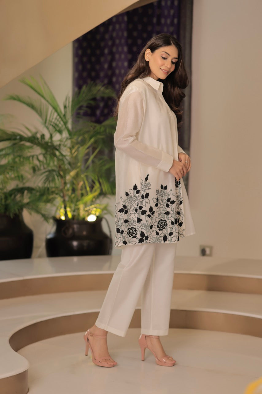 Chanderi Rose Jaal Applique Embroidery Shirt With Cotton Silk Trouser Co-ord Set