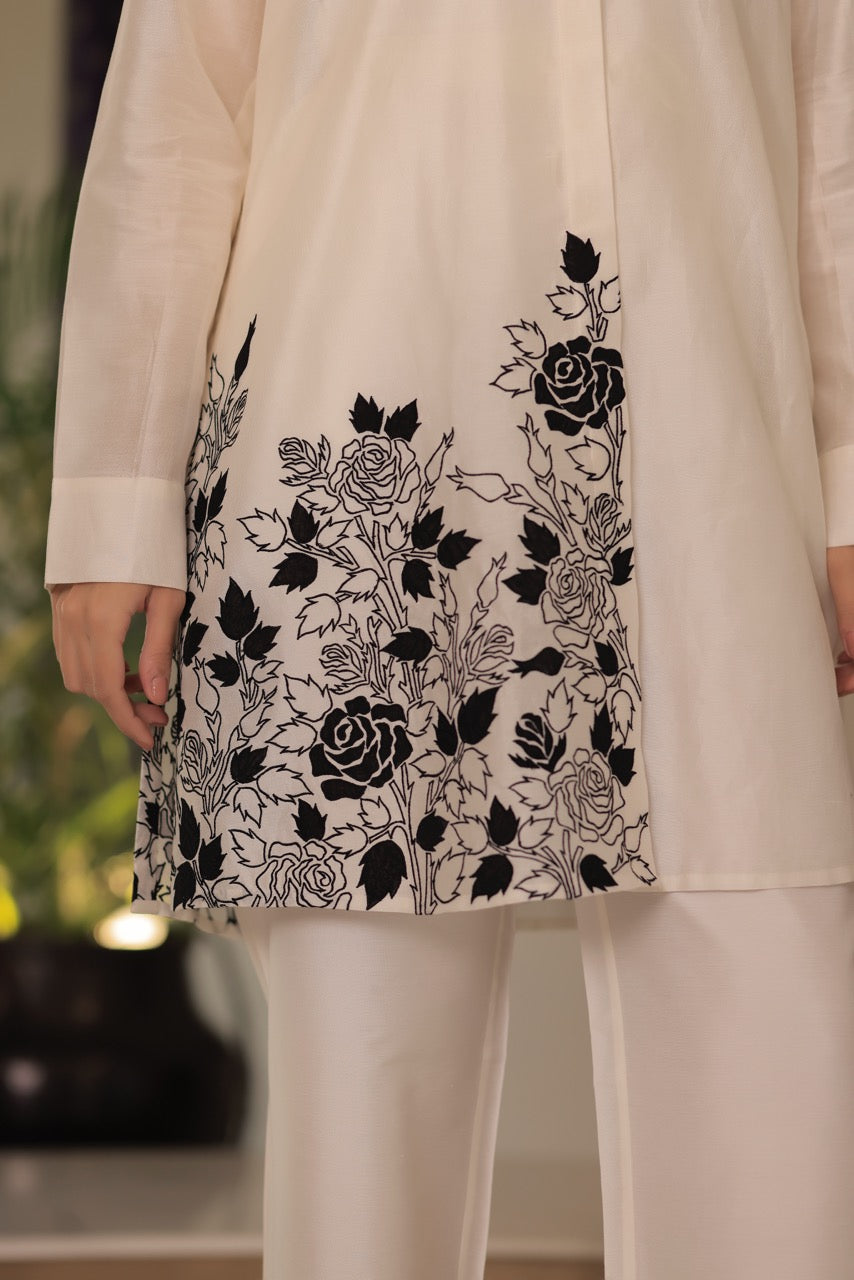 Chanderi Rose Jaal Applique Embroidery Shirt With Cotton Silk Trouser Co-ord Set