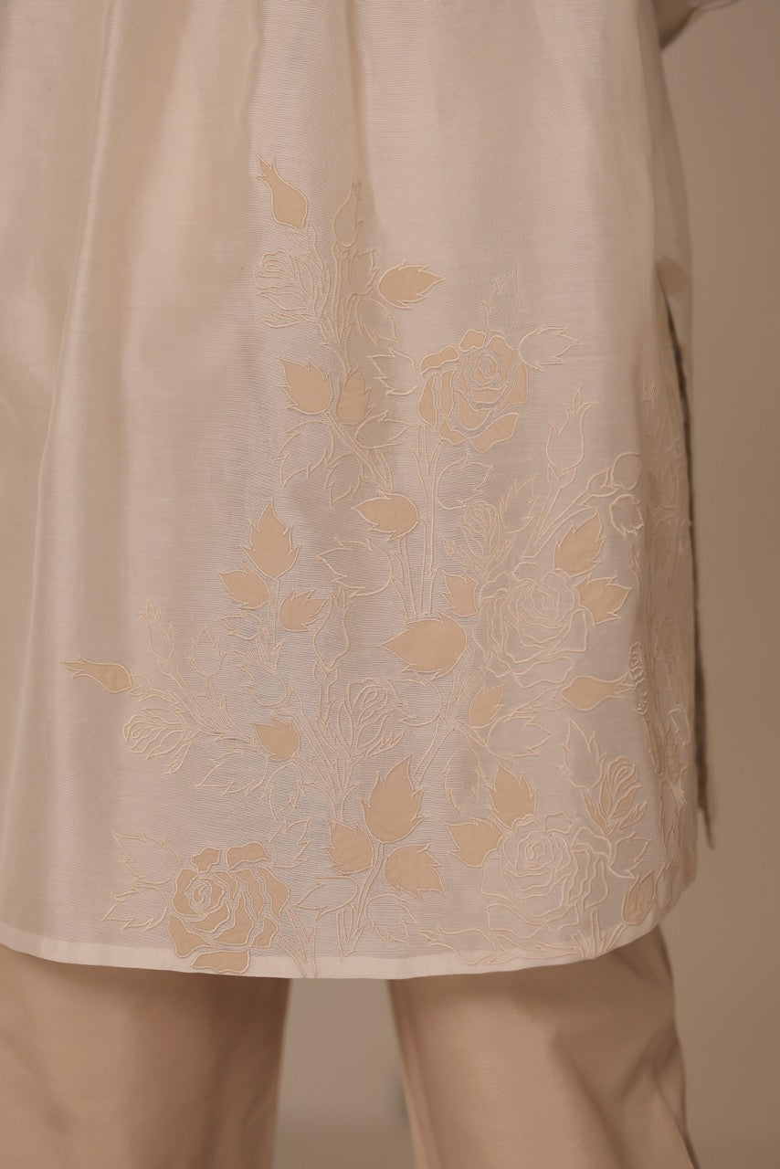 Chanderi Rose Jaal Applique Embroidery Shirt With Cotton Silk Trouser Co-ord Set