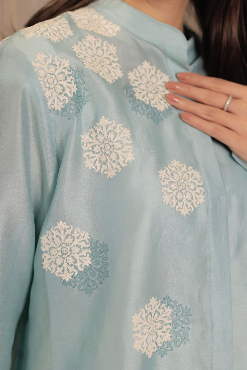 Chanderi Khadi Print With Dori Pearl Embroidery Hexagon Buta Shirt With Cotton Silk Trouser Co-ord Set