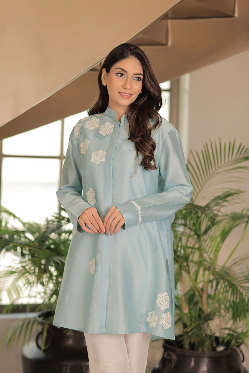 Chanderi Khadi Print With Dori Pearl Embroidery Hexagon Buta Shirt With Cotton Silk Trouser Co-ord Set