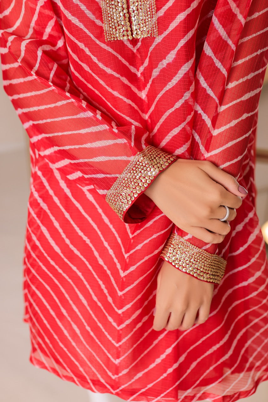 Kota Silk Leheriya Co-Ord Set with Embroidered Dupatta – Red