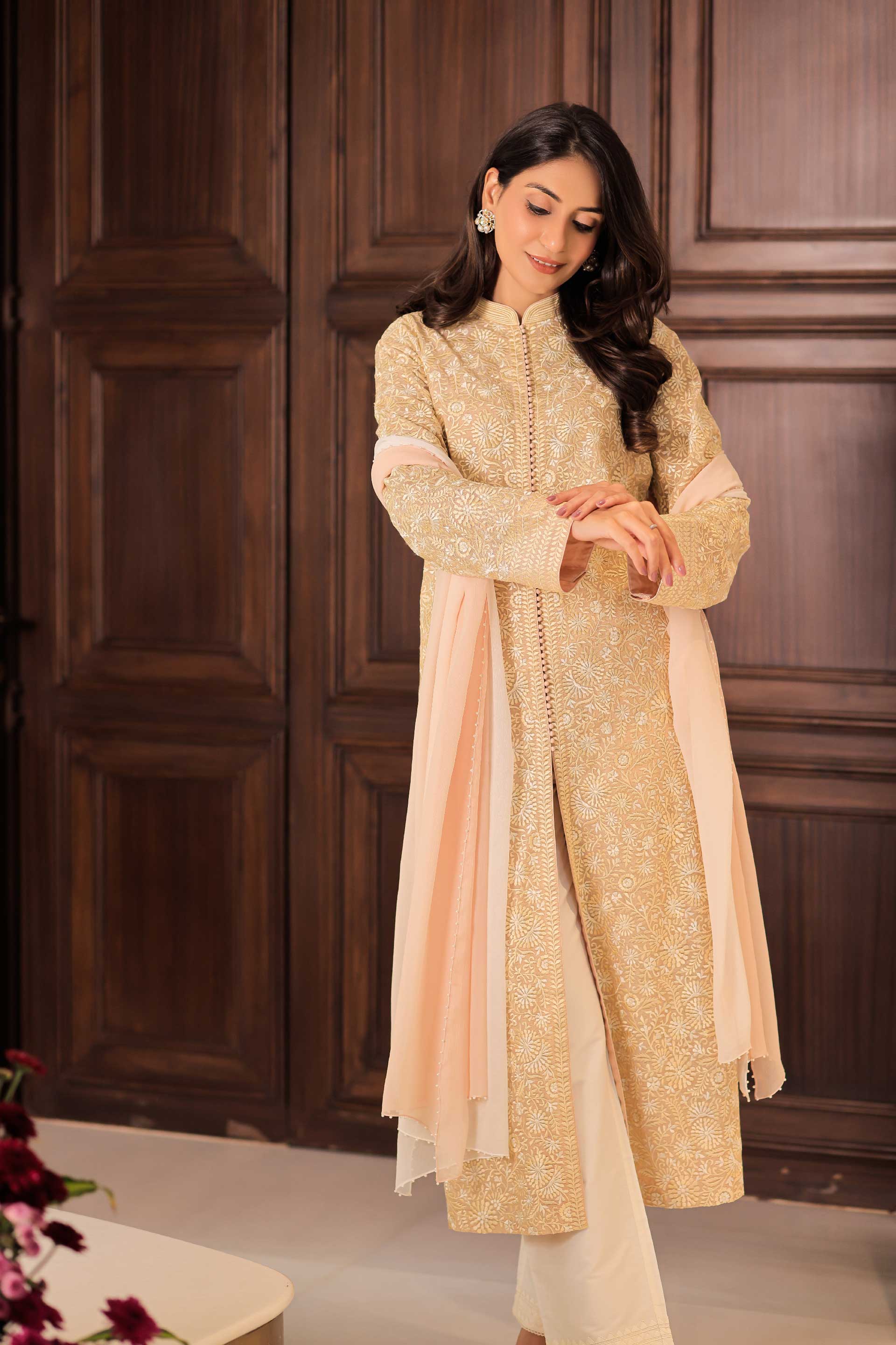 Chanderi Tunic With Flower Blossom Resham Jaal Embroidery With Palazzo and Dupatta (3 Pcs Set) Outfits