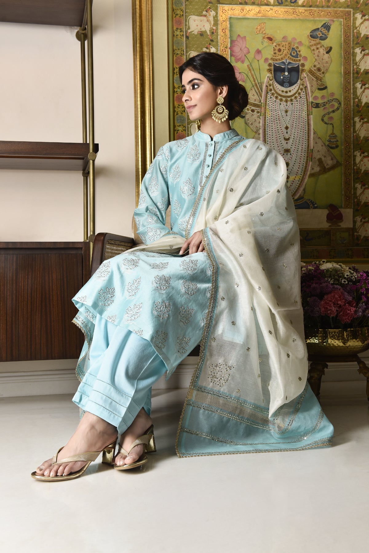 Woven Chanderi Tunic Big Butaa With Sequins Highlighting mandarin Collor With Palazzo & Dupatta Outfit