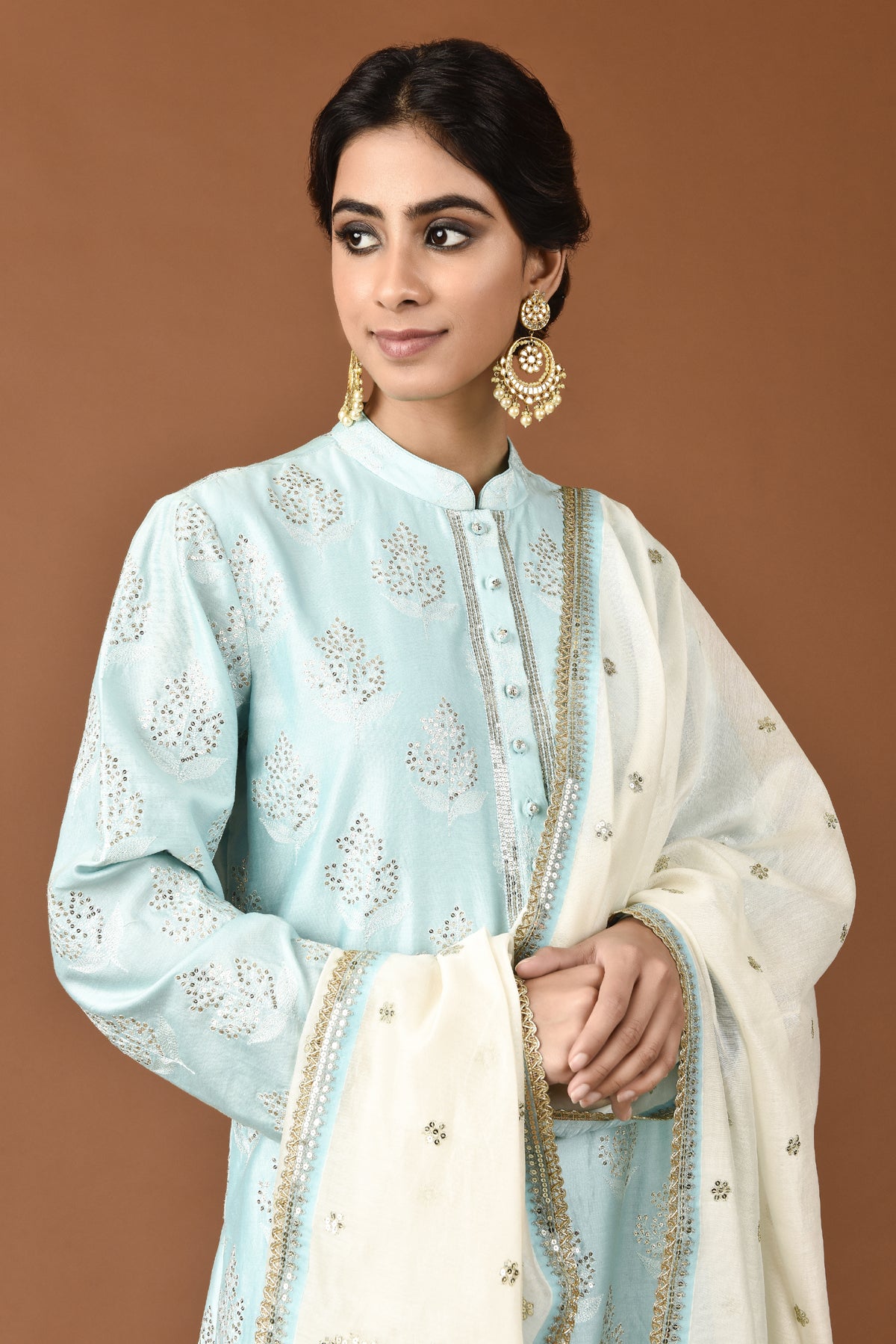 Woven Chanderi Tunic Big Butaa With Sequins Highlighting mandarin Collor With Palazzo & Dupatta Outfit