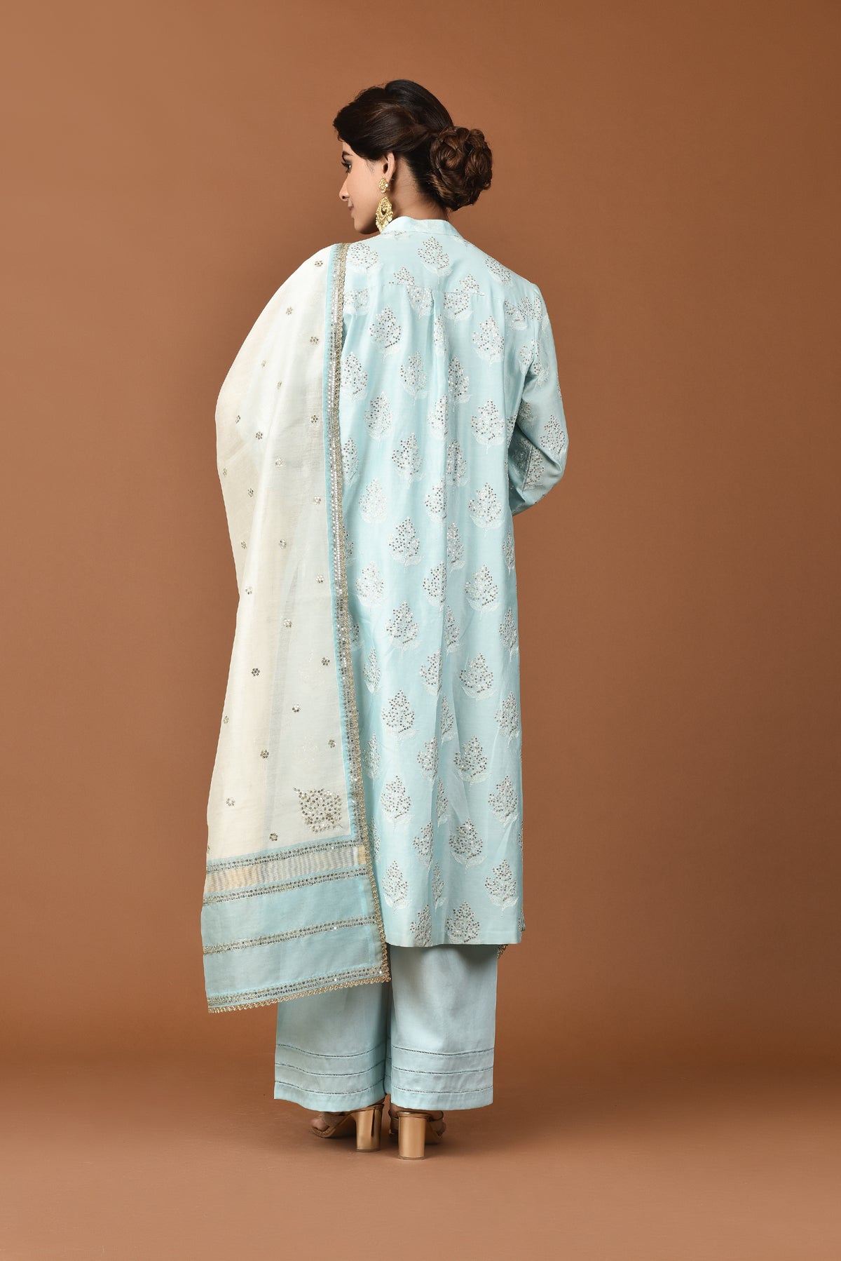 Woven Chanderi Tunic Big Butaa With Sequins Highlighting mandarin Collor With Palazzo & Dupatta Outfit