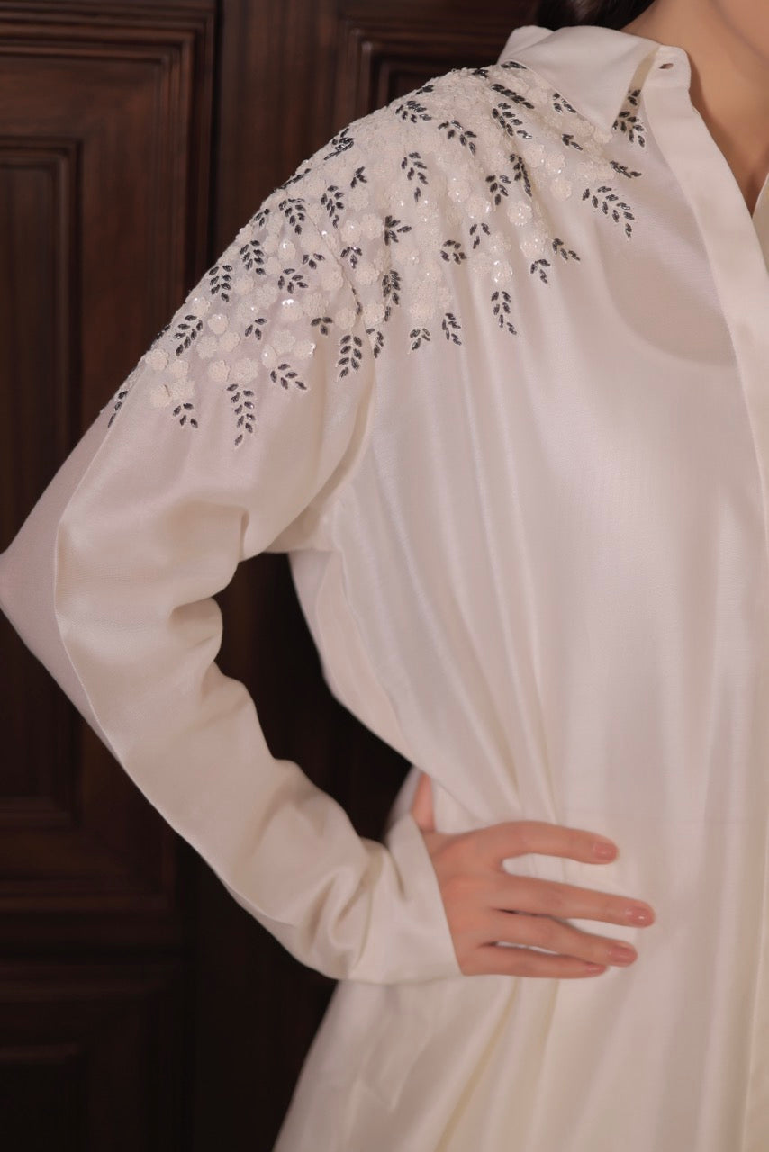 Chanderi Sequins Cutdana Cluster Flower Placement Embroidery Shirt